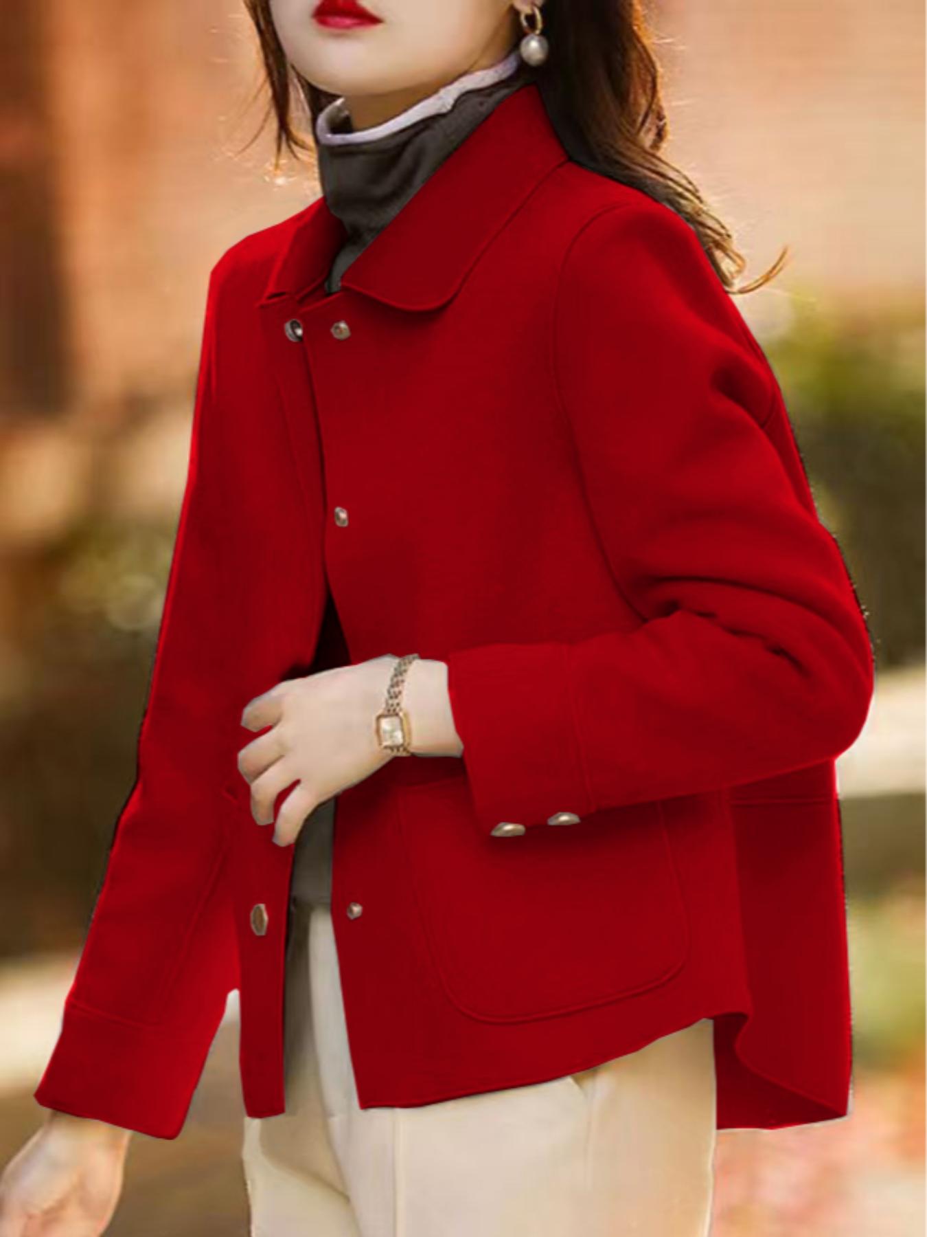 Women's Fashionable Simple Coat, Stand Collar Single Button High-Quality Short Woolen Overcoat, Casual Loose Fit Winter Jacket