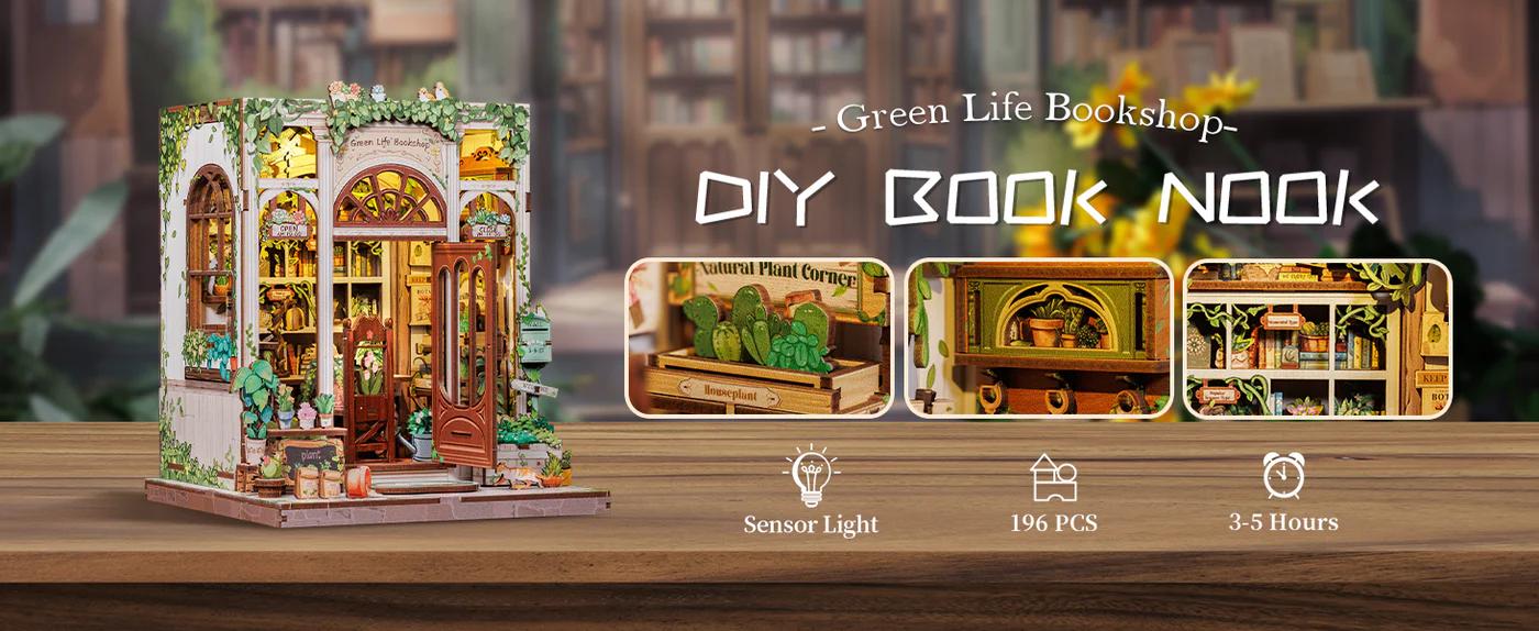 CUTEBEE DIY Book Nook Kit Green Life Bookshop – Wooden Miniature Bookstore Scene with LED Light | Handmade 3D Dollhouse Decor, Holiday and Christmas Gift for Adults