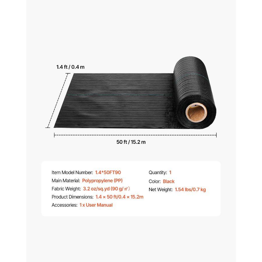 VEVOR Heavy-Duty Weed Barrier Fabric, 1.4x50FT 3.2oz Woven Geotextile Webbing, Outdoor Gardening Ground Cover, Black Gardening Mat for Weed Control