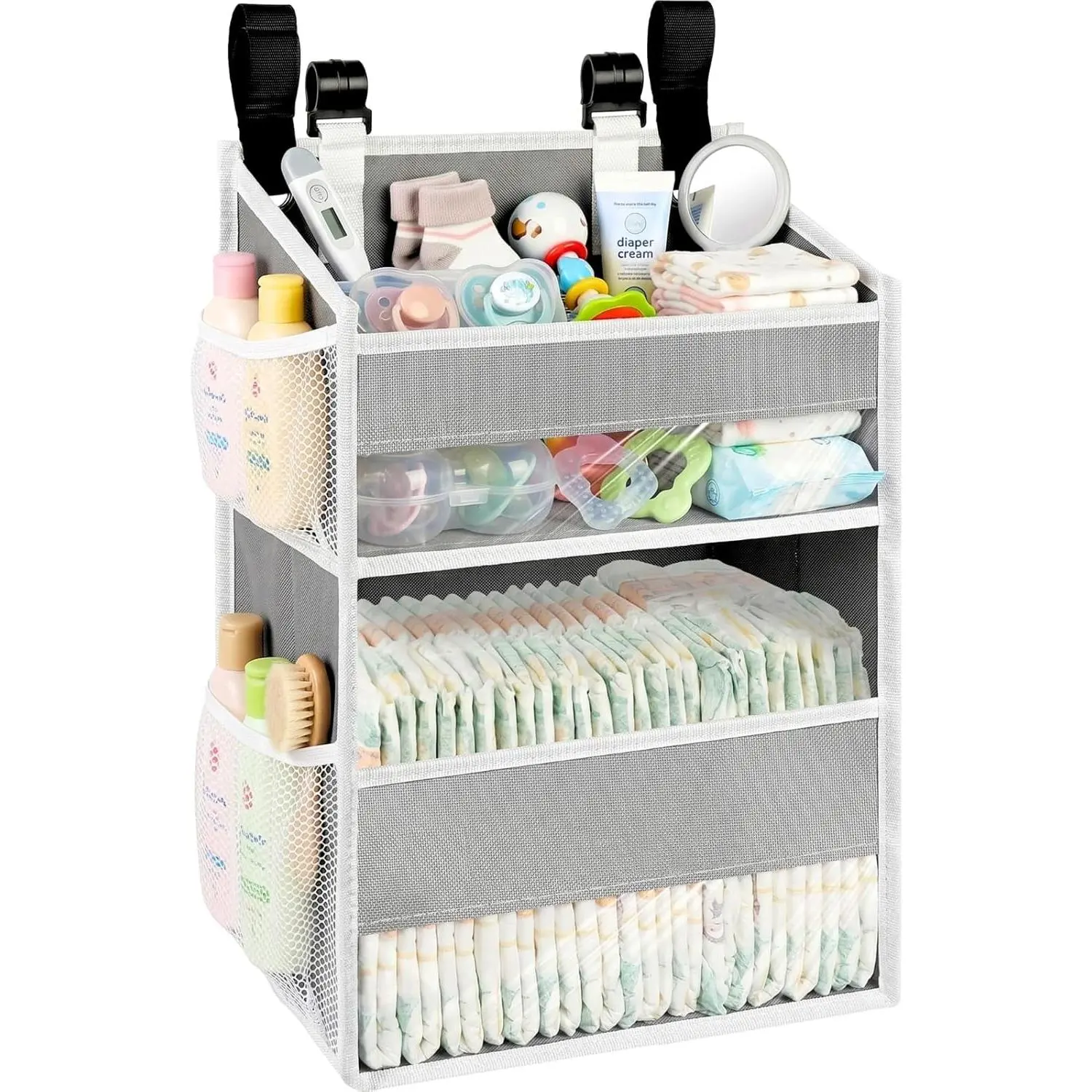 2-Tier Hanging Diaper Organizer Caddy, Holds 90+ Diapers, Durable Nursery Storage with 4 Mesh Pockets for Changing Table, Cribs, Car, Playard or Wall, Won't Deform(Gift)