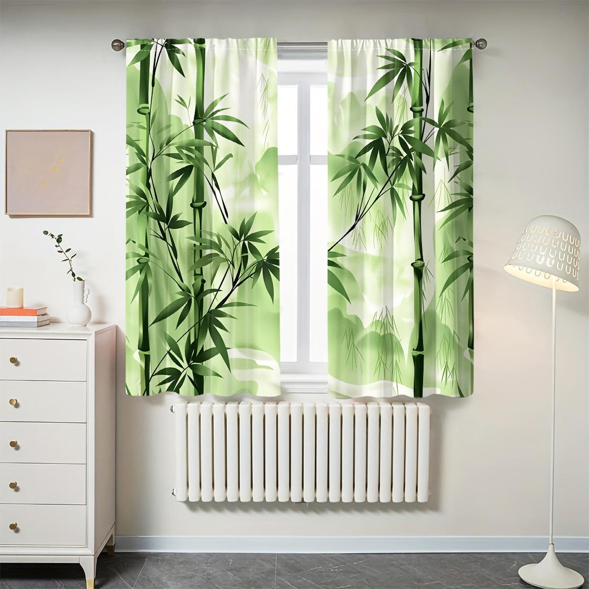 2-Piece Bamboo Forest Digital Print Curtains, Semi-Transparent Polyester Fabric, Rod Pocket Design, Easy Care, Suitable for Living Room & Bedroom, Window Curtain
