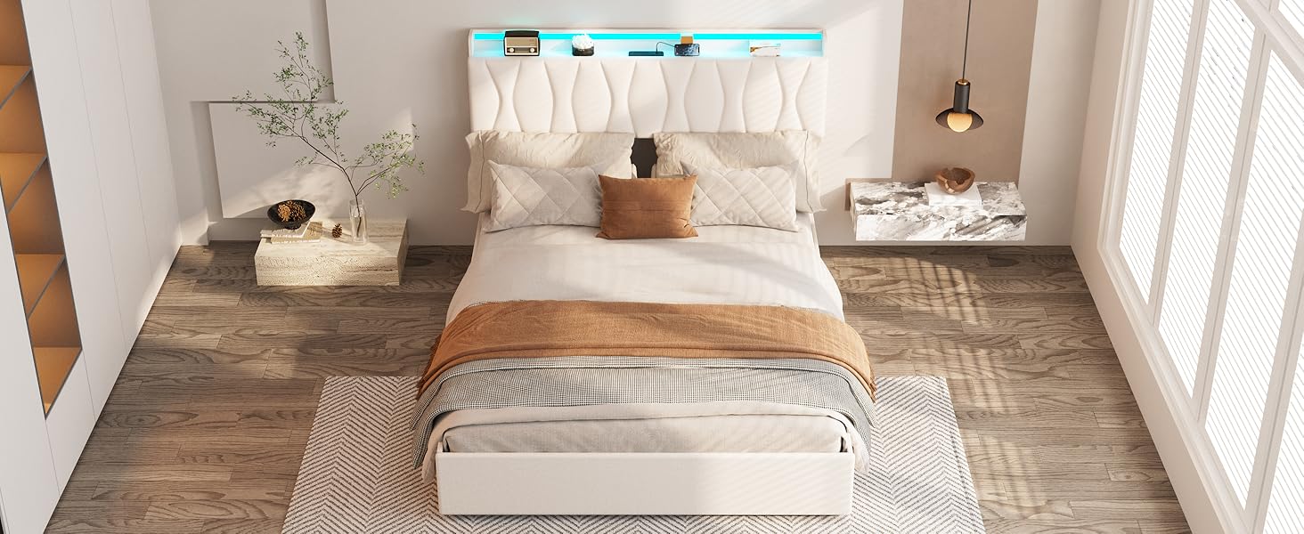 Vabches Lift Up Storage Bed Frame with Adjustable Headboard, Charging Station, LED Lights, Wood Slats, Noise-Free, No Box Spring Needed