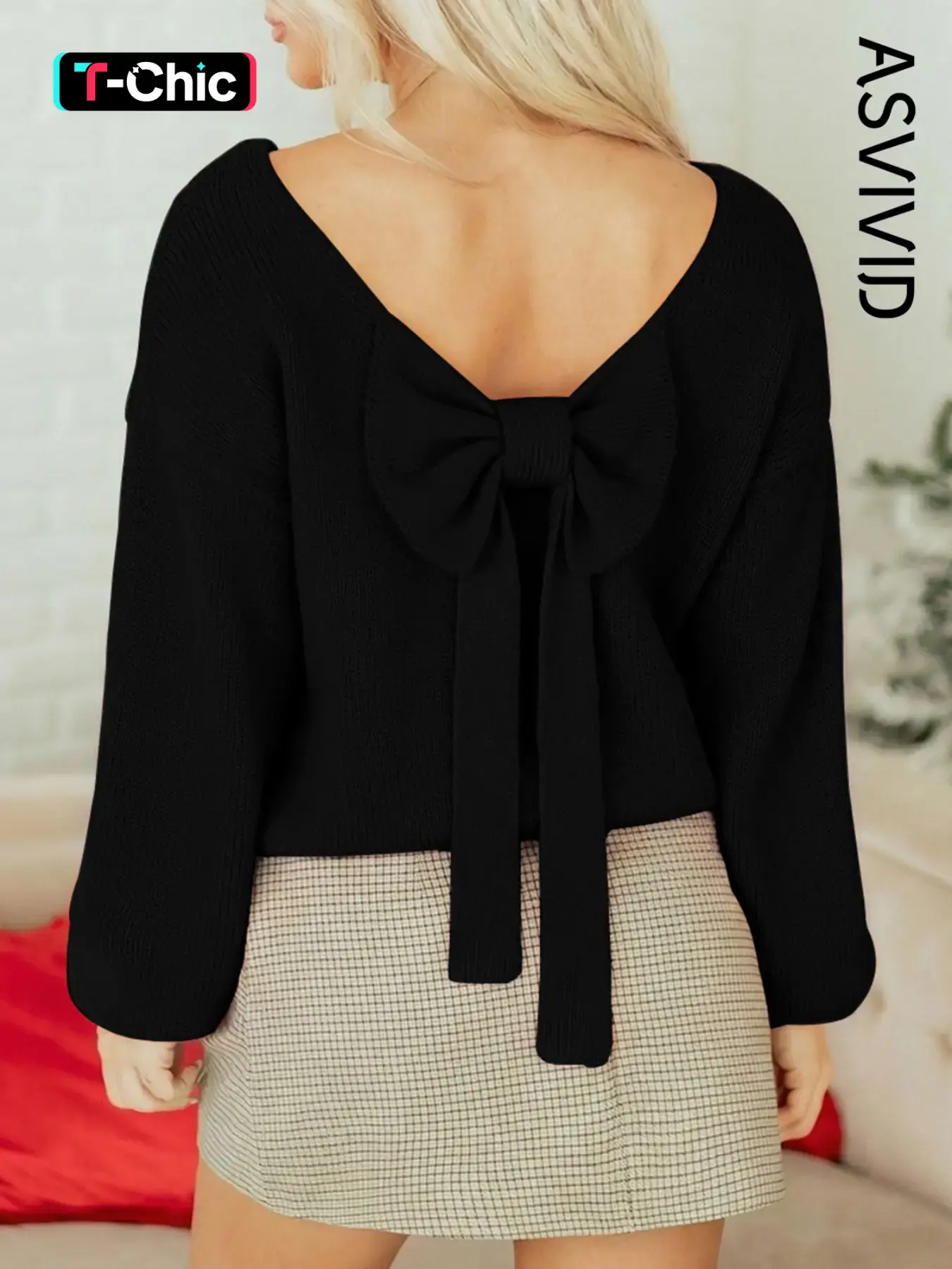 Women's Casual Solid Color Bow Backless Knitting Sweater, Long Sleeve Top, Comfortable & Stylish Daily Wear