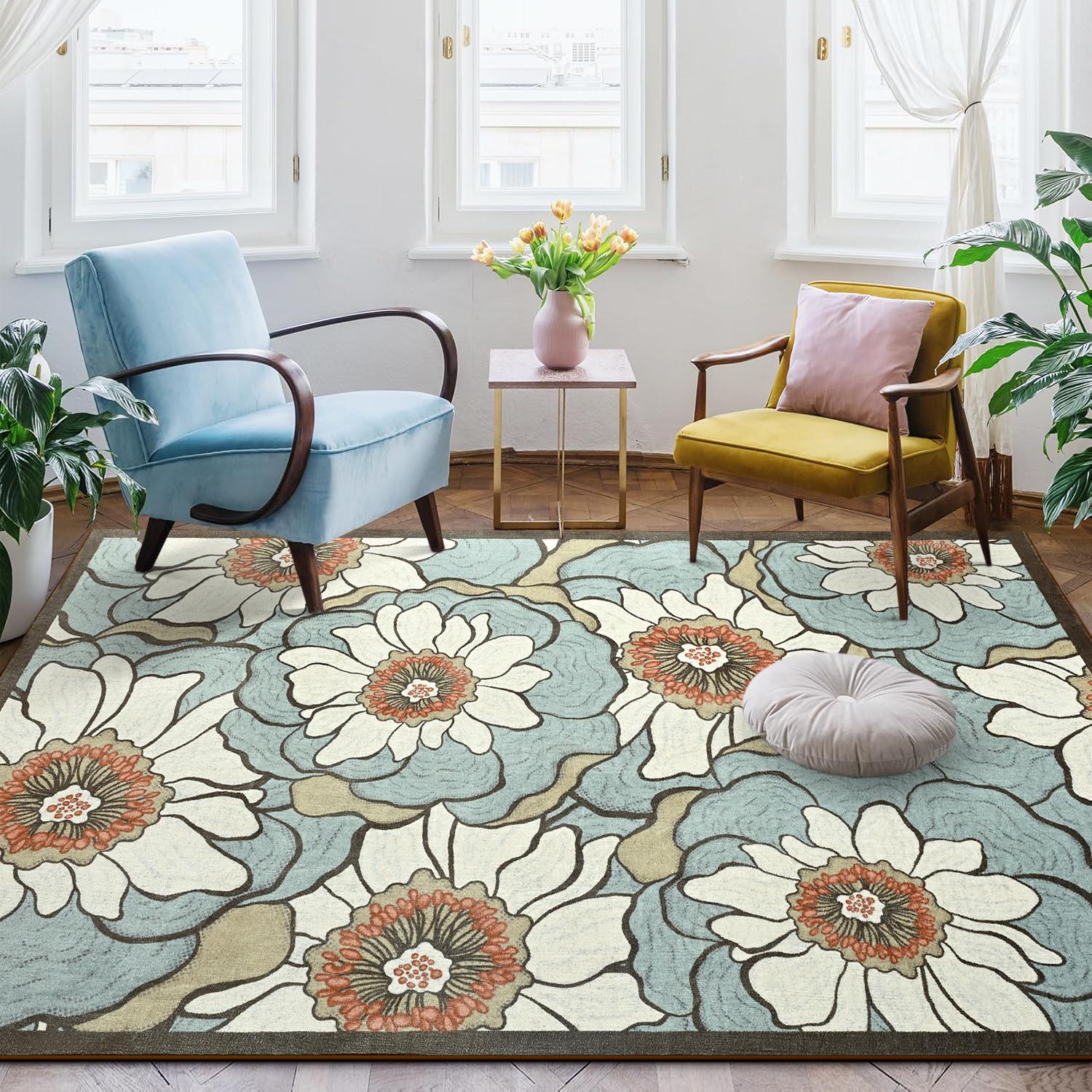 Lochas Floral Washable Living Room Area Rug ,Non-Slip Low-Pile Rugs for Entryway, Throw Small Stain Resistant Kitchen Rugs, Print Carpet for Office, Bedroom, Laundry Room, Nursery, Home Decor
