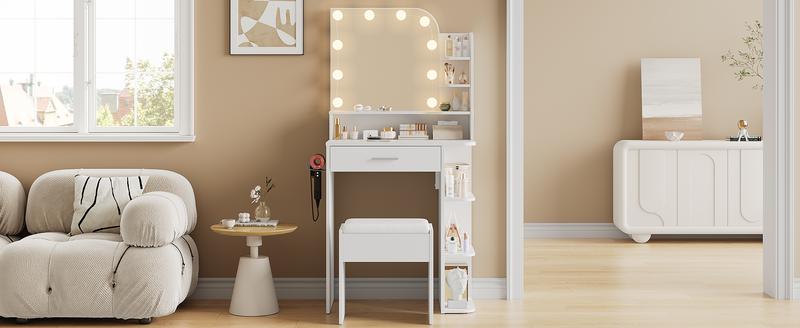Linor Small Makeup Vanity Desk with Mirror and Lights, 26.4 Small Vanity for Small Space with Stool and Charging Station, Compact Vanity with 3 Color Lighting Modes (White)