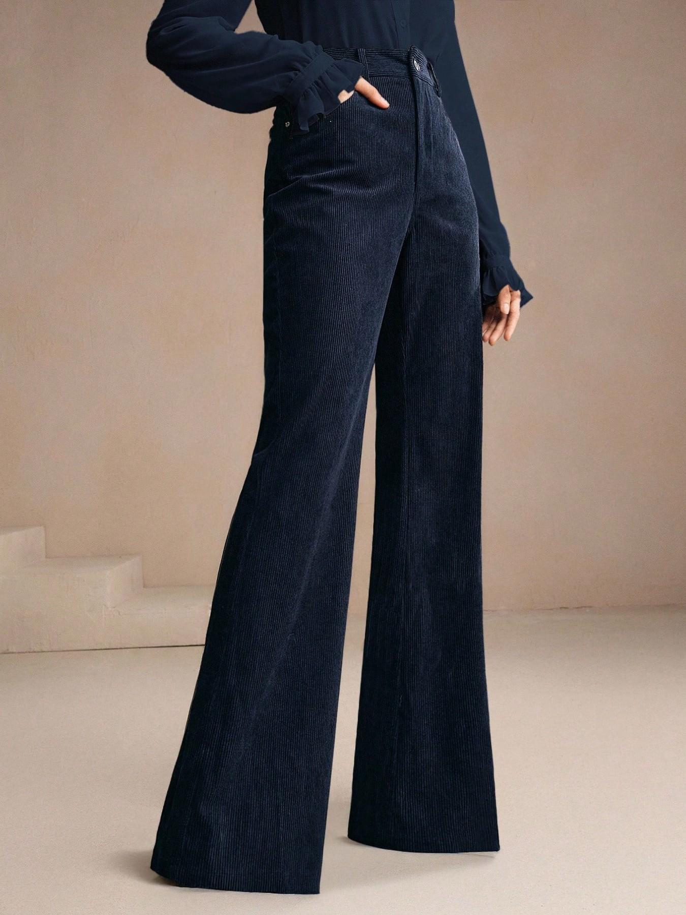 Women's Corduroy Rivet Pocket Flare Pants, Elegant Business Casual Style, Versatile Commuter Essential, Fashion Office Wear