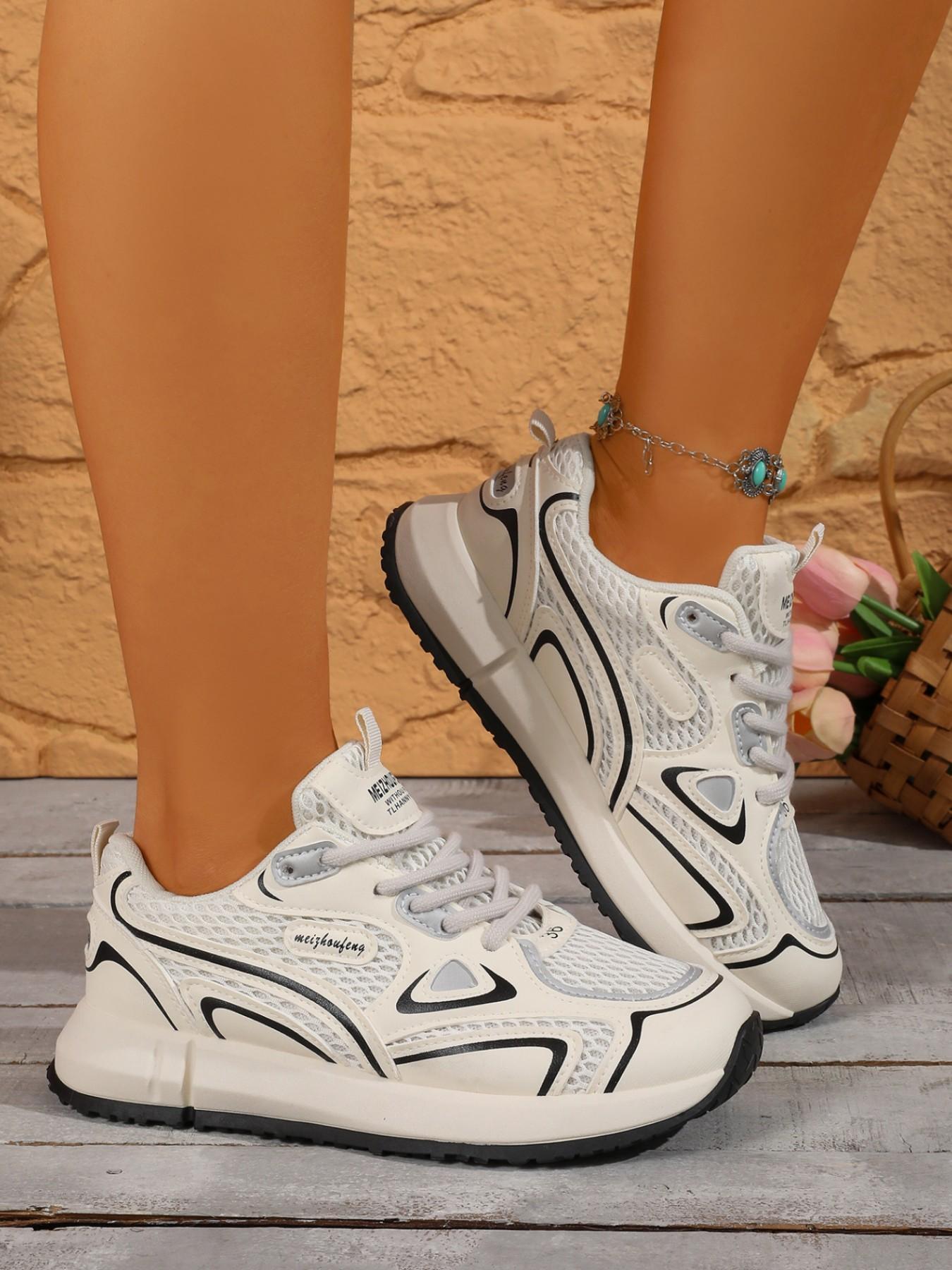 Breathable Mesh Line Spliced Chunky Dad Shoes, Lace Up Lightweight Cushion Sneakers, Techwear Daily Outdoor Women Casual Footwear