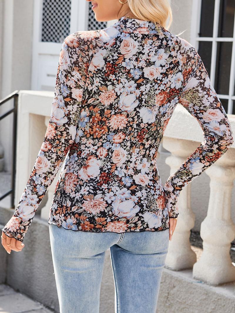 Women's Printed Round Neck Mesh T-Shirt, Contrast Thumb Hole Long Sleeve High Neck Top, Fashion Versatile Fitted Double Layer Blouse
