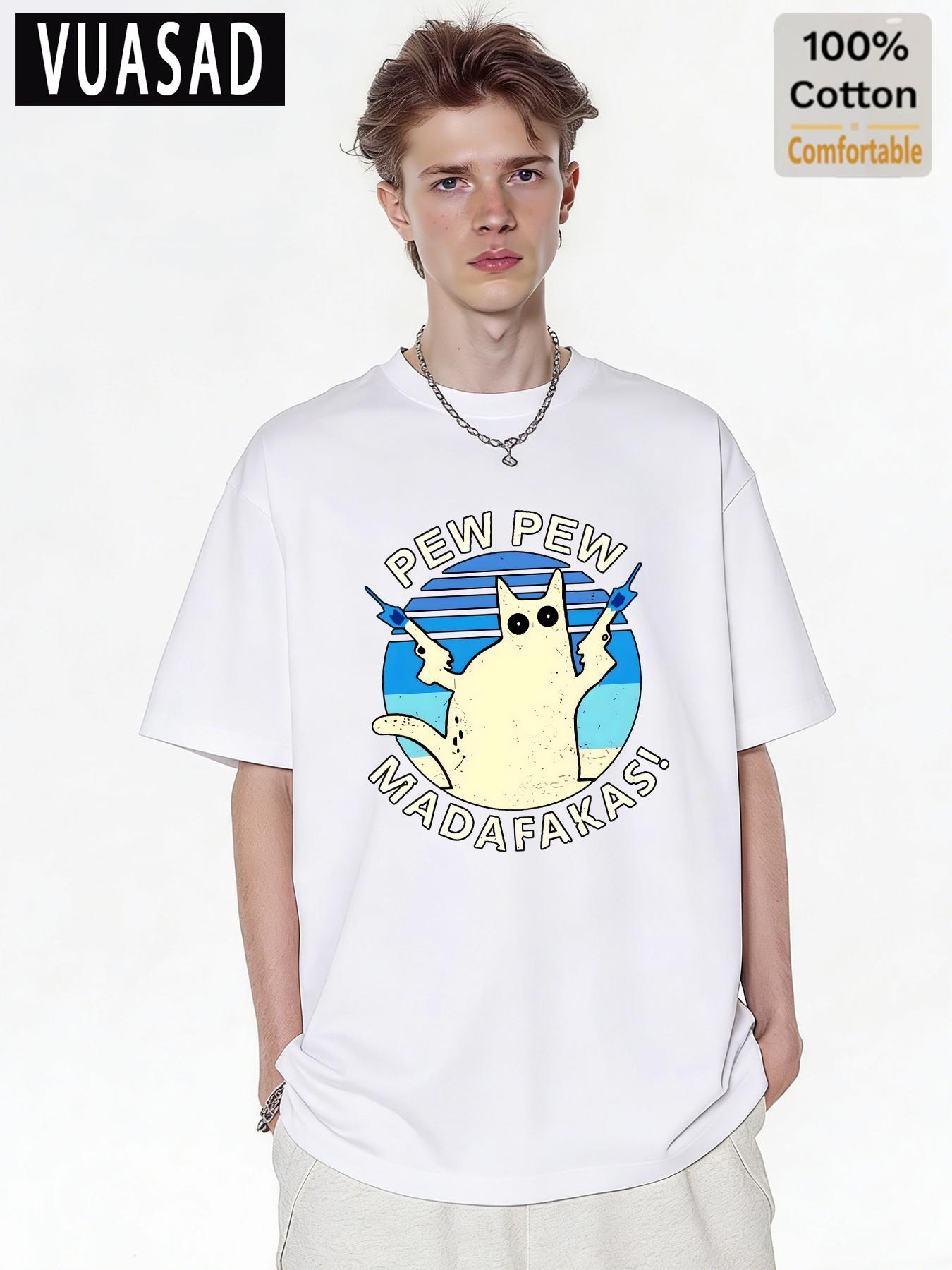 Vuasad Men's 100% Cotton Short Sleeve T-Shirt, Cute Cat Dog Print, Loose Fit, Casual Style, Long Sleeve, Trendy Fashion