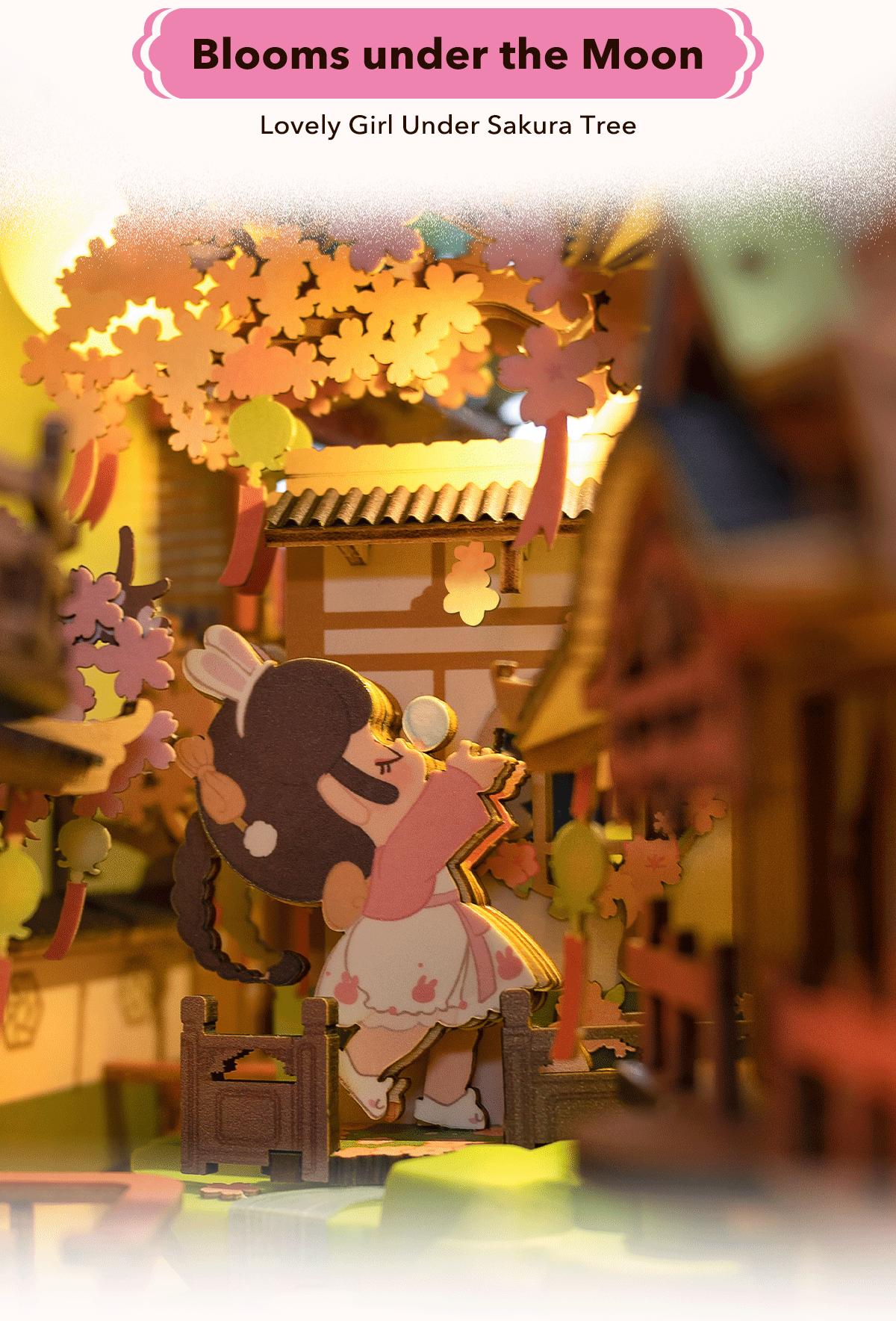 Robotime Rolife Book Nook Kits for Adults,3D Wooden Puzzle Bookshelf Decor Insert Alley DIY Miniature Booknook Model Craft Kits for Adults Gifts with LED on Birthday Christmas TGB05 Falling Sakura