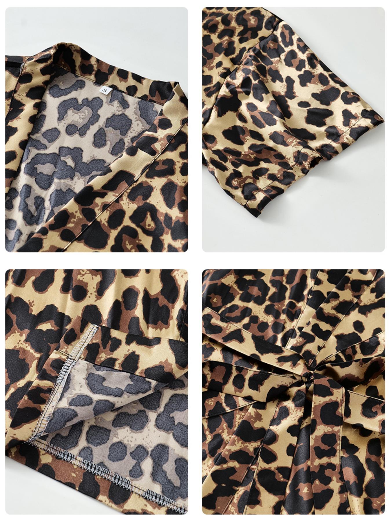 Women's Leopard Print Belted Robe, Casual V Neck Wrap Robe, Soft Comfortable Nightgown for All Seasons