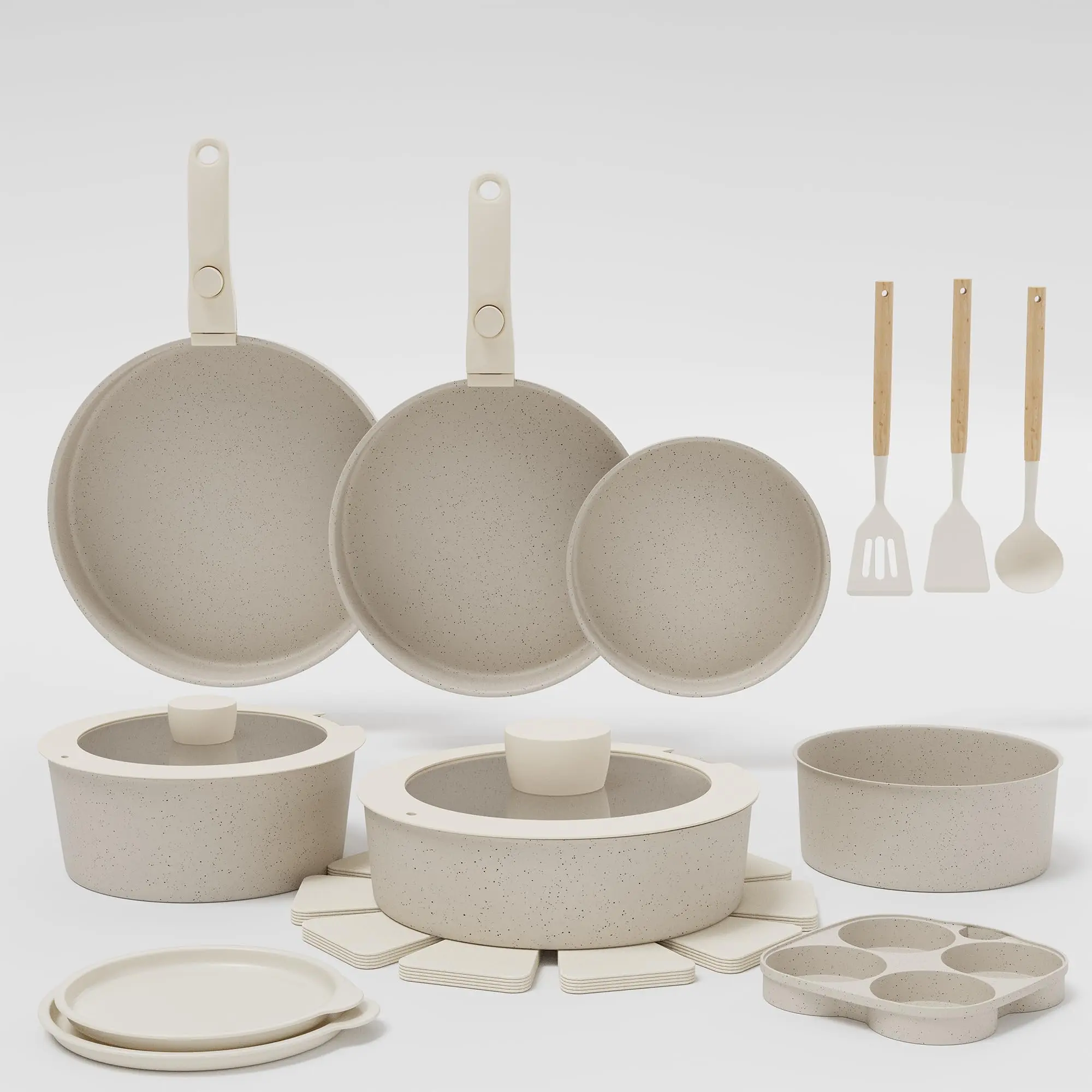 Hosslly 21-Piece Heat Resistance Compact Lightweight Portable Nonstick Ceramic Cookware Set - Detachable Handles, Aluminum Pots & Frying Pans, PFAS/PFOA/PTFE-Free, Oil-Efficient, Induction & Oven Safe, Stackable for RV Indoor Cooking Storage, Heat Resista