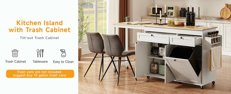 【Valentine's Day gift】ONBRILL 60" / 81.7" Kitchen Island with Power Outlet & Drop Leaf, Kitchen Rolling Island with Spice Rack & Towel Rack, Knife Holder, Kitchen Island Cart with Trash Storage Cabinet, Mobile Island Table for Kitchen