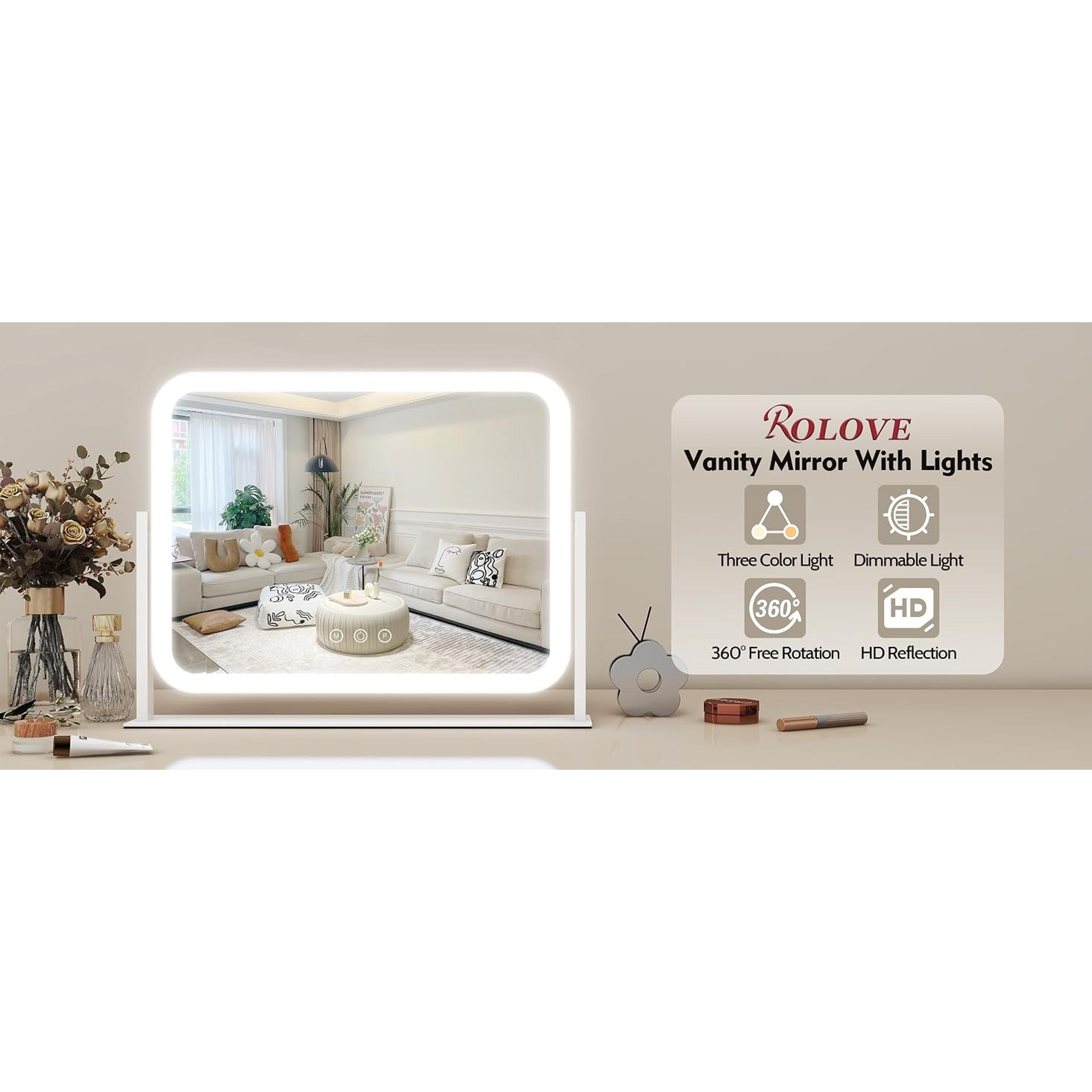 Elegant Lighted Vanity Mirror (White) - 17"x13" Indoor Furniture, 10X Magnification, 3 Color Lighting Modes, Smart Touch Control, 360° Rotation, Home & Bedroom Decor, Gift for Women