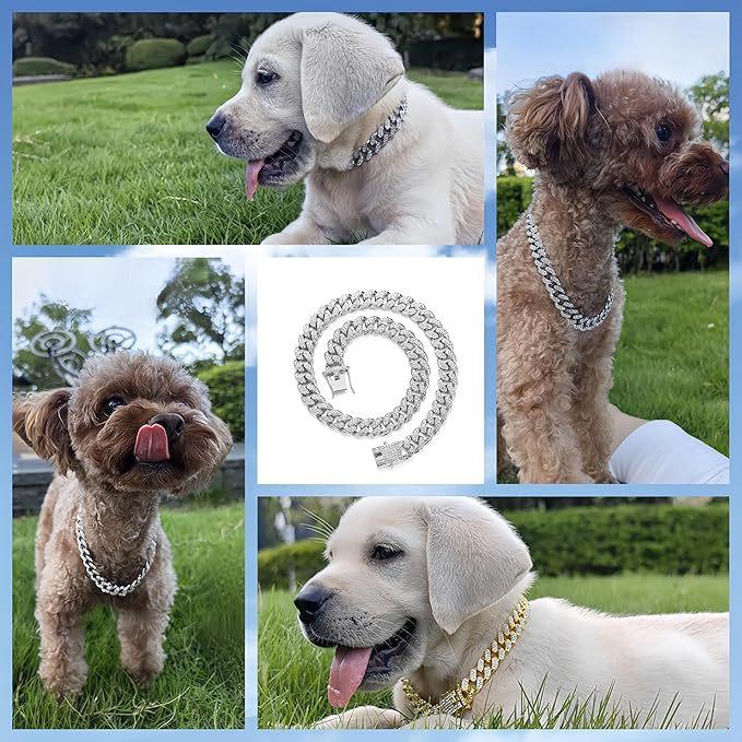 Silver Chain Collars for Large Dogs with Diamond ,Sparkly Bling Metal Cuban Link Dog Collars, Rhinestone Glitter  Necklace for Large Pet Dogs 24 inch