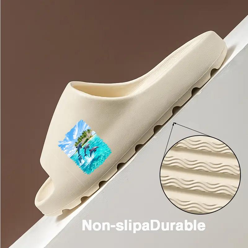 Dolphin Themed Slippers for Women Men Non Slip Summer Beach Sandals with Tropical Island Print Lightweight Comfortable Indoor Outdoor Shoes