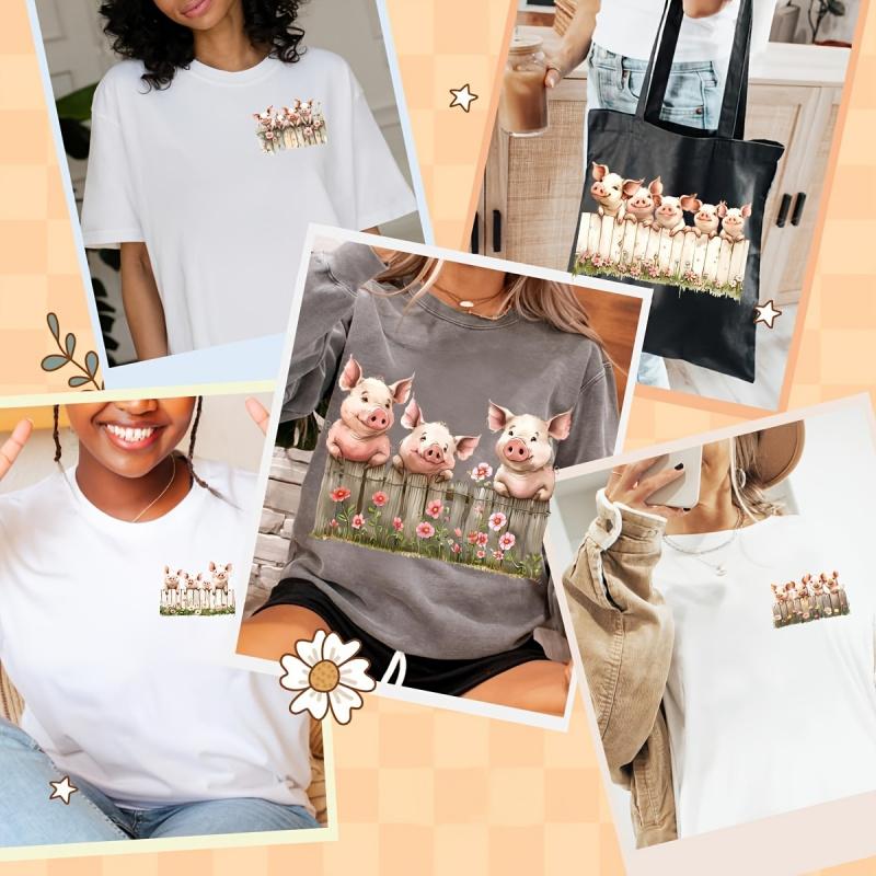 8Pcs Cute Pig DIY DTF Transfer Stickers Washable Heat Transfer Design Iron-On Patches for Tshirt Mask Jeans Backpack Crafts Accessories