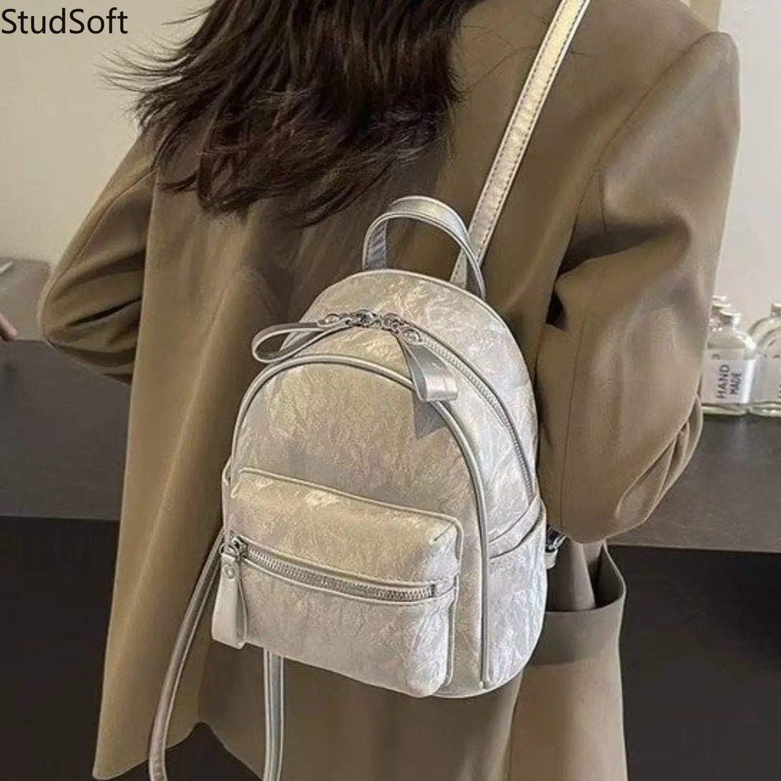 Silver Mini Backpack Metallic Faux Leather Small Rucksack for Women Y2K Aesthetic Cute Fashion Shoulder Bag Casual Travel School Shopping,sohochic