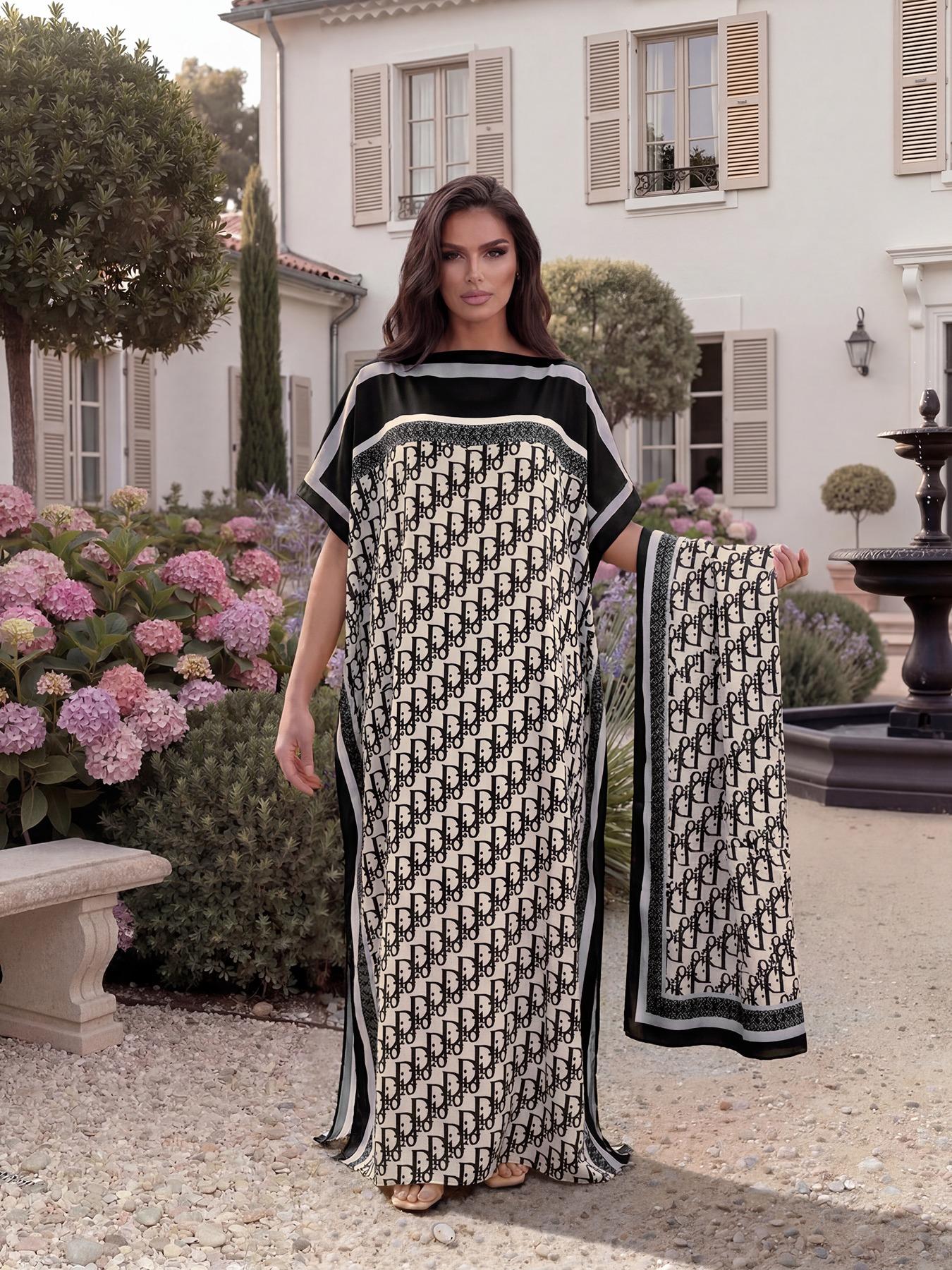 Women's Elegant Chic Full-Body Print Shawl, Long Dress + Headscarf Scarf, Beach Sun Protection, All Seasons, Fitted Style