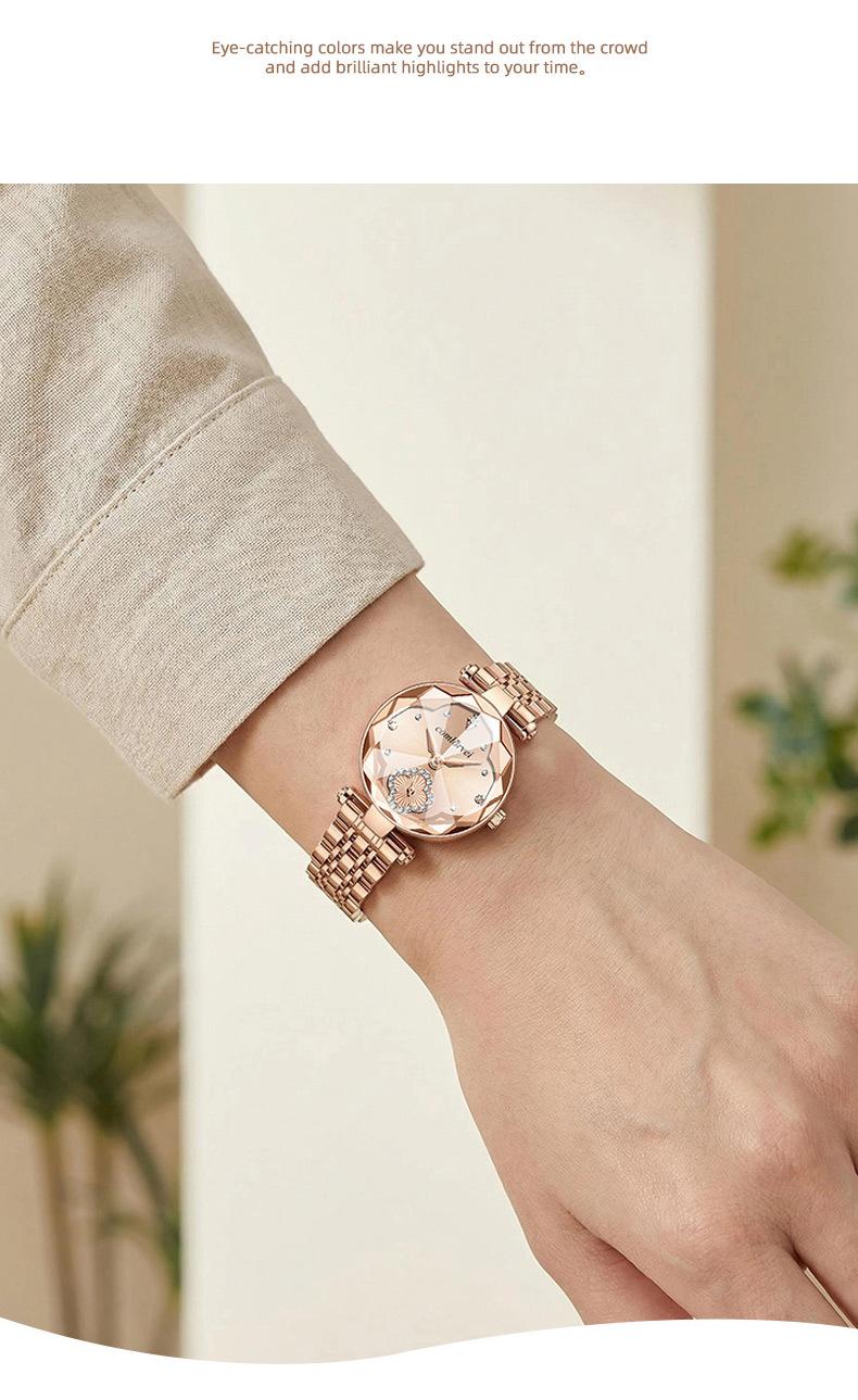 Women's Luxury Rose Gold Quartz Watch - Red Clover Dial with Crystal Accents, Diamond Flower Detail, Stainless Steel Band, Elegant Dress Wristwatch, Perfect Gift for Her