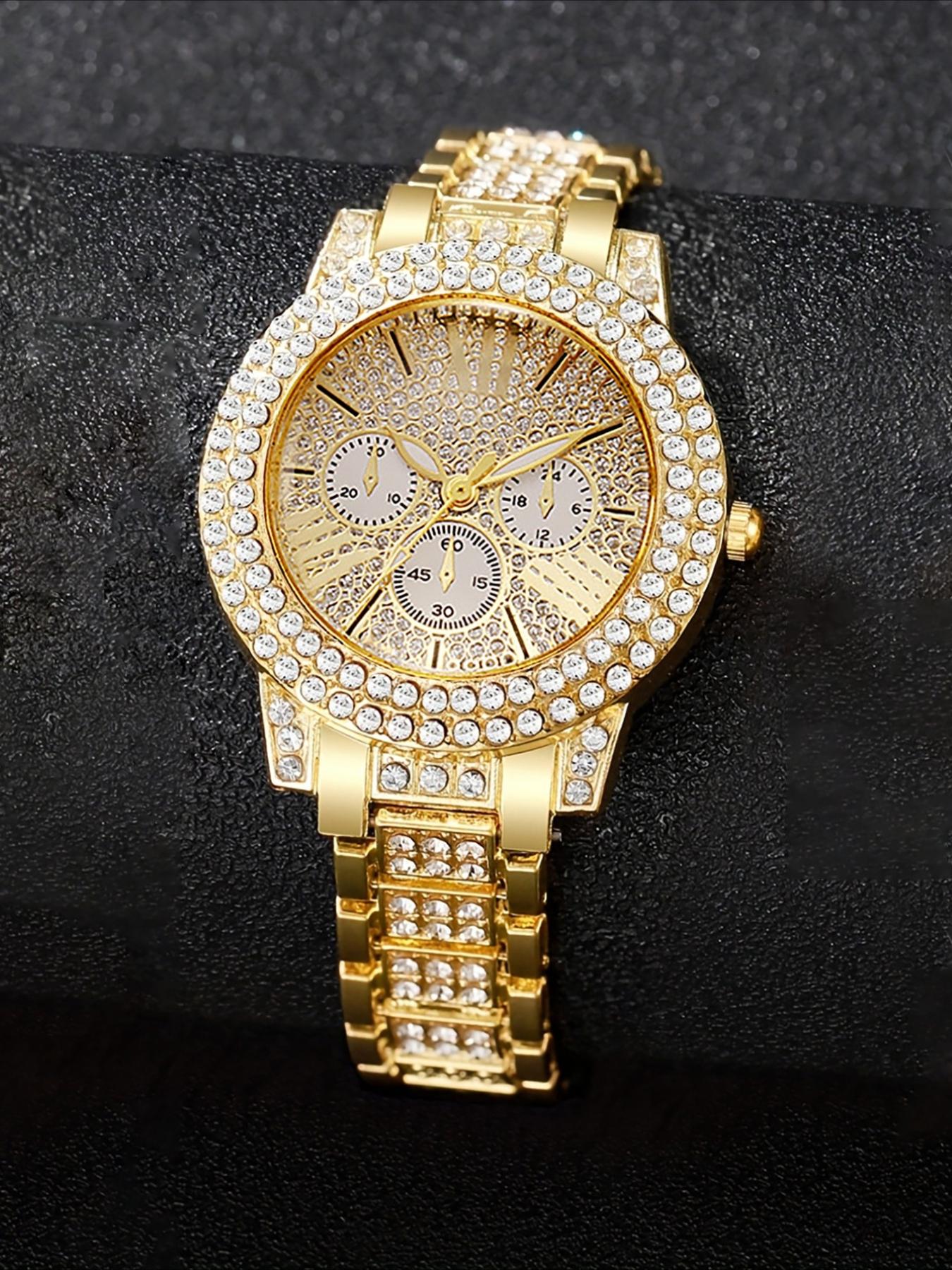 1/3counts Fashion Full Diamond Women's Watch Gold Steel Band Analog Quartz Watches