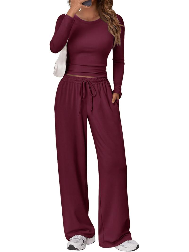 2026 Women's Two-Piece Loungewear Set, Soft Long-Sleeved Round-Neck Crop Top, Drawstring High-Waisted Wide-Leg Pants with Pockets