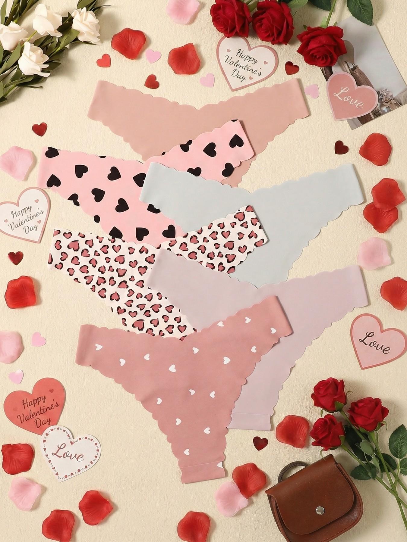 6-Pack Cute Heart & Leopard Print Women's Underwear, High-Quality Designer Briefs with Wavy Edge Design, Perfect Valentine's Day Gift