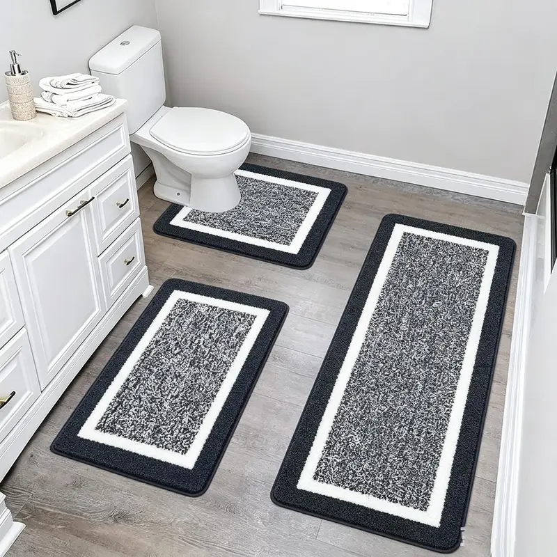 3Pcs Thick Household Microfiber Bathroom Rug Set - Washable, Ultra Absorbent Anti-Skid, Rectangular/U-Shape, 16*24 Inches, Splash-Resistant Tread Accessories with Contour Toilet & Shower Mats for Easy Daily Maintenance (Multiple Sizes)