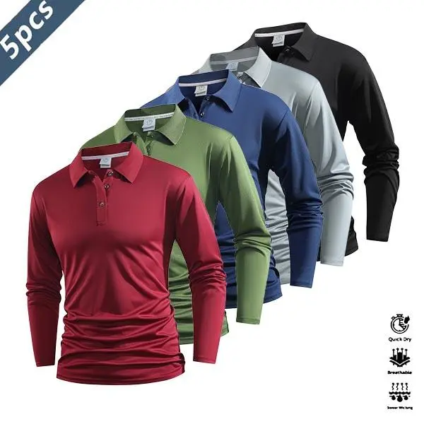Men's 5-Pack Casual Athletic Polo Shirts, Colorblock Short Sleeve Moisture-Wick Polyester Activewear for Golf & Tennis, Complete Wardrobe Addition, Cuffs