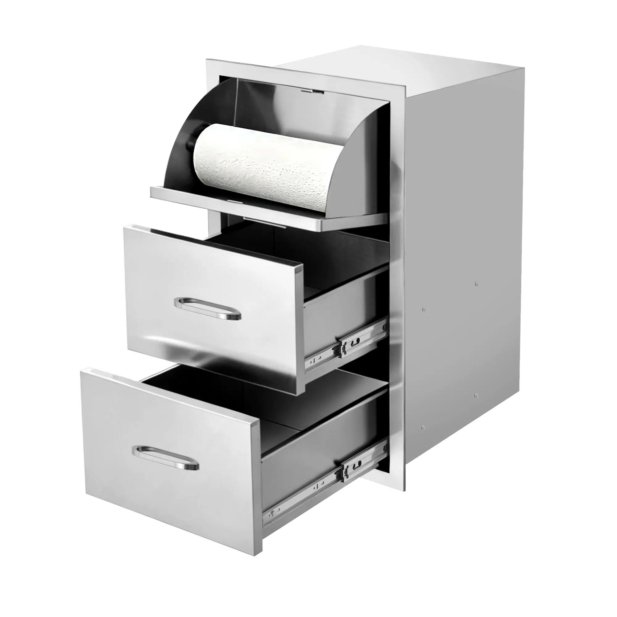 Nokaa Stainless Steel Kitchen Cabinet with 3 Drawers & Paper Towel Holder, 17Wx30Hx21D, Durable Steel Gray Storage Organizer for Countertop or Under-Cabinet Use, Freestanding or Wall Mount, Rust-Resistant, Easy Assembly