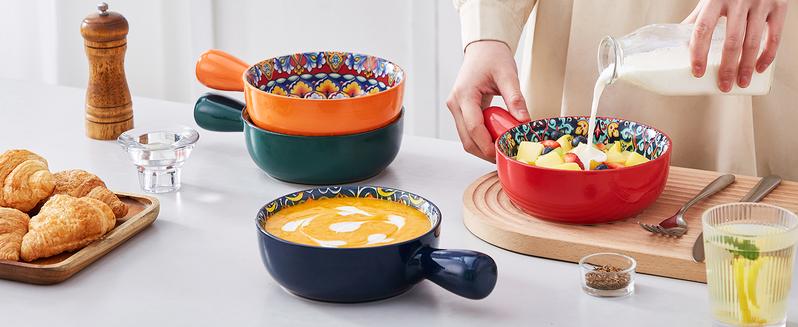 vancasso Soup Bowls with Handles, 23 Oz French Onion Soup Bowls Oven Safe, Bohemian Ceramic Soup Crocks for Cereal, Pasta, Beef Stew, Chilli, Microwave Dishwasher Safe-6.2 inch, Set of 4