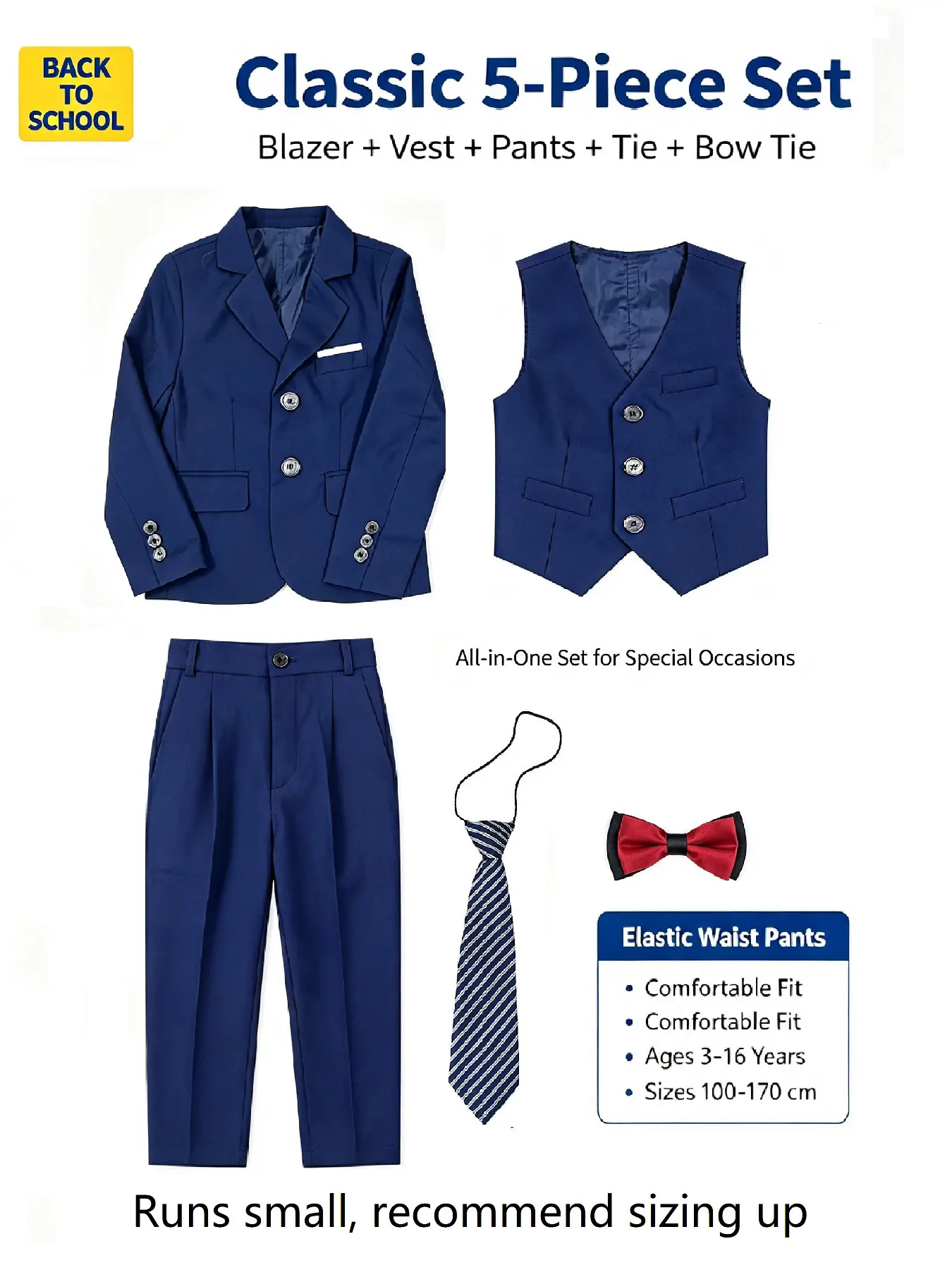 Youth Boys Formal Suit Set, 5-Piece Ensemble with Jacket, Vest, Pants, Bow Tie, Elastic Waist, /burgundy, 100-170cm, Wedding Performance Dress, Classic Sets