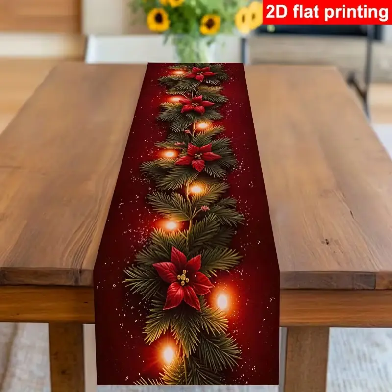 Christmas-Themed Table Runner with Spruce Branch Print, Warm Colored Lights, Ideal for Home, Kitchen, Dining Room, Office Decorations