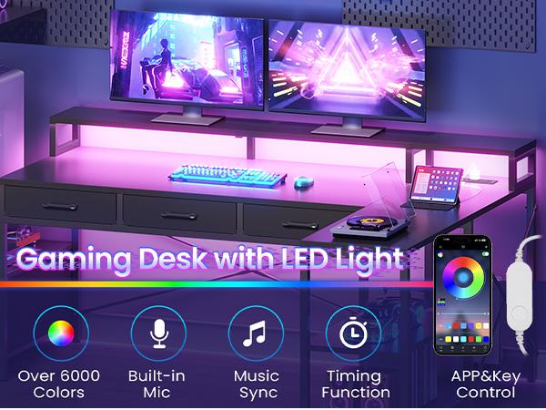 SEDETA 59Inch L Shaped Gaming Desk with PC Display Stand, Reversible Computer Desk with Storage Shelves, 4 Drawer & LED Lights, Modern Gamer Desk Table with Power Outlet, Monitor Stand