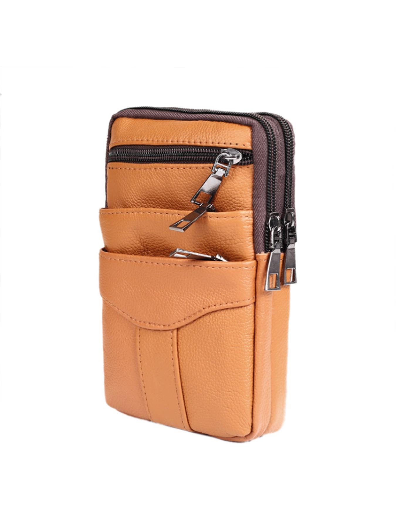 Men's Genuine Leather Phone Waist Bag, Waist Pack, Multi-Zipper Crossbody Belt Pouch, Crossbody Belt Bags, Large Capacity Casual Shoulder Bag, All Seasons Fashion Accessory, Cowhide Belt Bag
