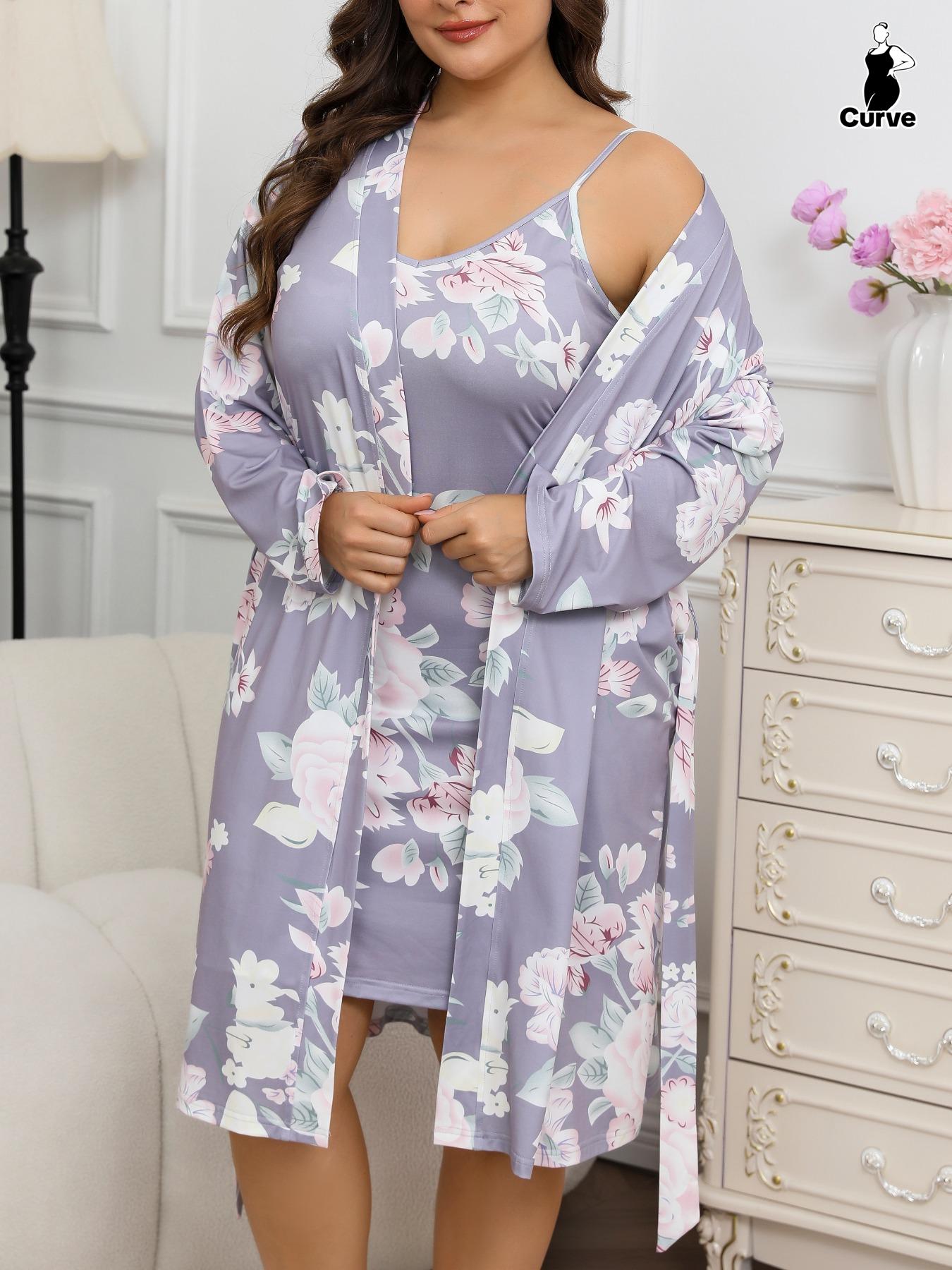 【Plus Size】 Floral Print Cami Nightdress & Bathrobe Set, Casual Soft Comfortable Nightdress & Long Sleeve Dressing Gown, Women's Sleepwear for All Seasons, Casual Comfy Nightdress