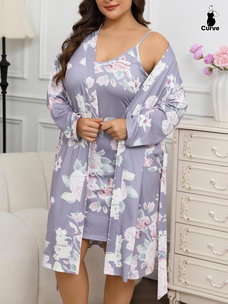 【Plus Size】 Floral Print Cami Nightdress & Bathrobe Set, Casual Soft Comfortable Nightdress & Long Sleeve Dressing Gown, Women's Sleepwear for All Seasons, Casual Comfy Nightdress