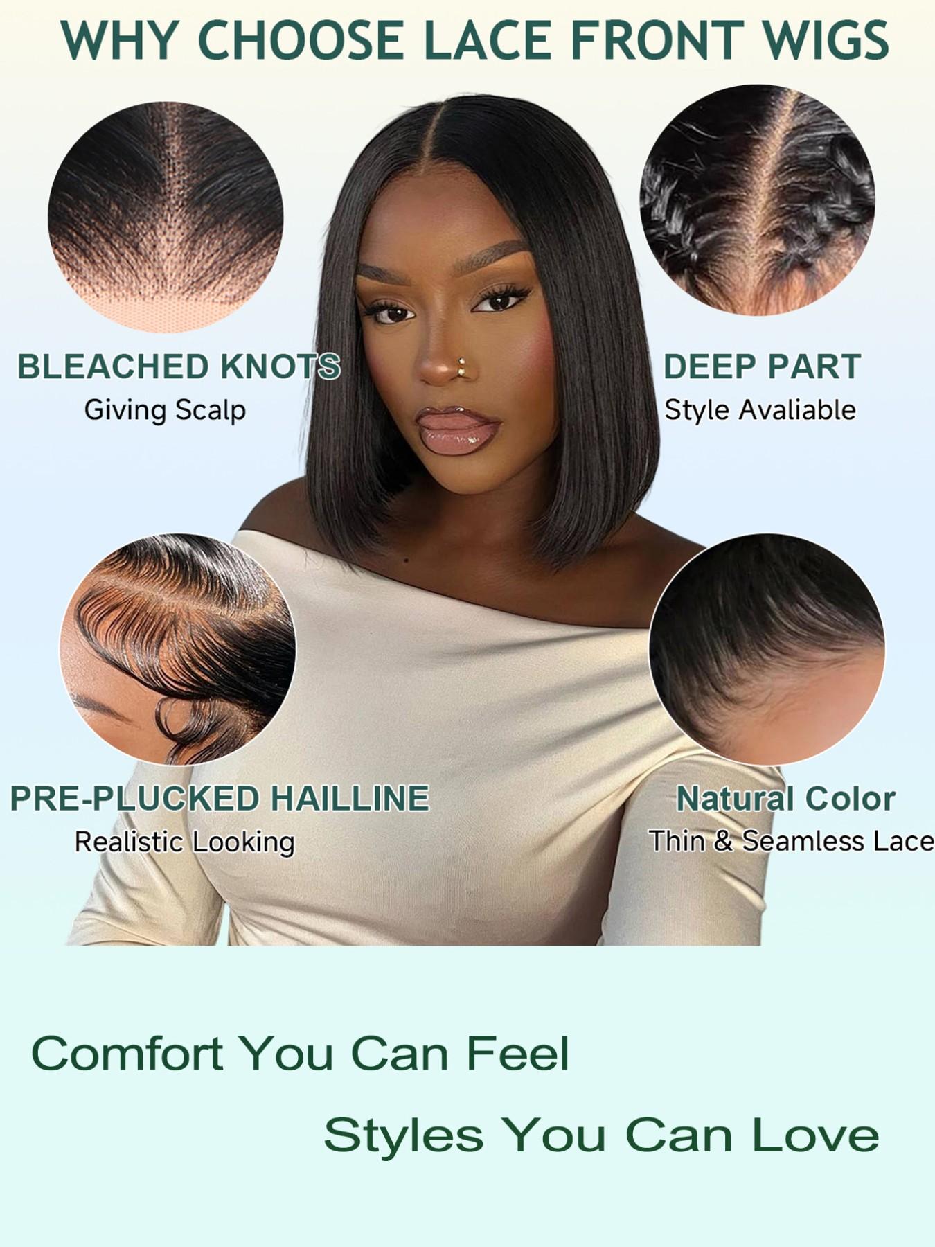 4x4 Straight Lace Closure Human Hair Wig, 10-16 Inch Short Bob, Transparent Lace Part, Natural, Pre-Pulled Hairline, Multiple Colors Available