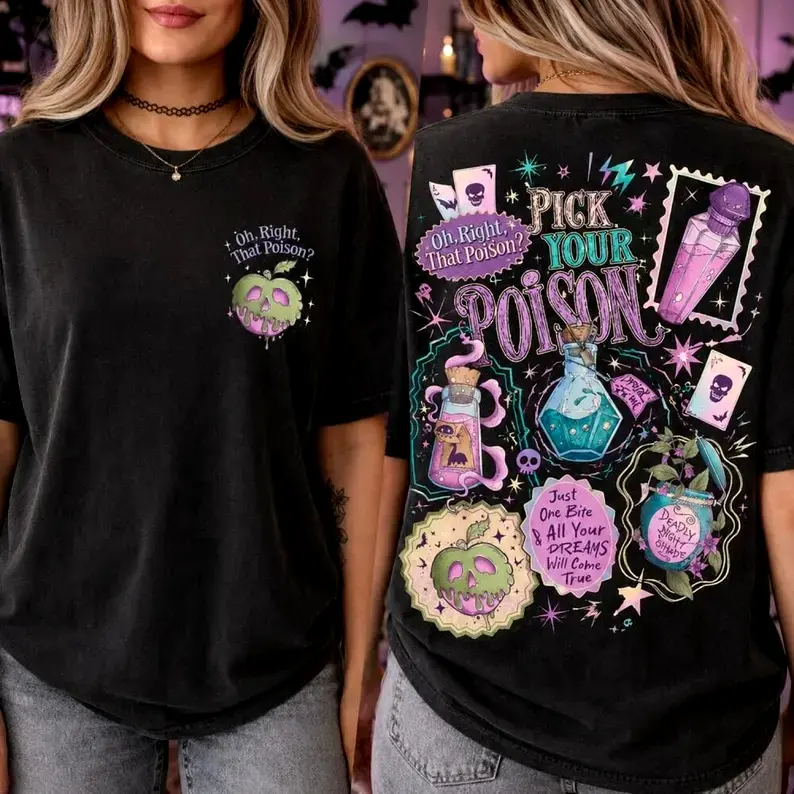 2-Sided Pick Your Poison T-shirt, Poison Apple Halloween Tee, Witchy Potion Bottle T-Shirt, Spooky Villain Cartoon Graphic Tee