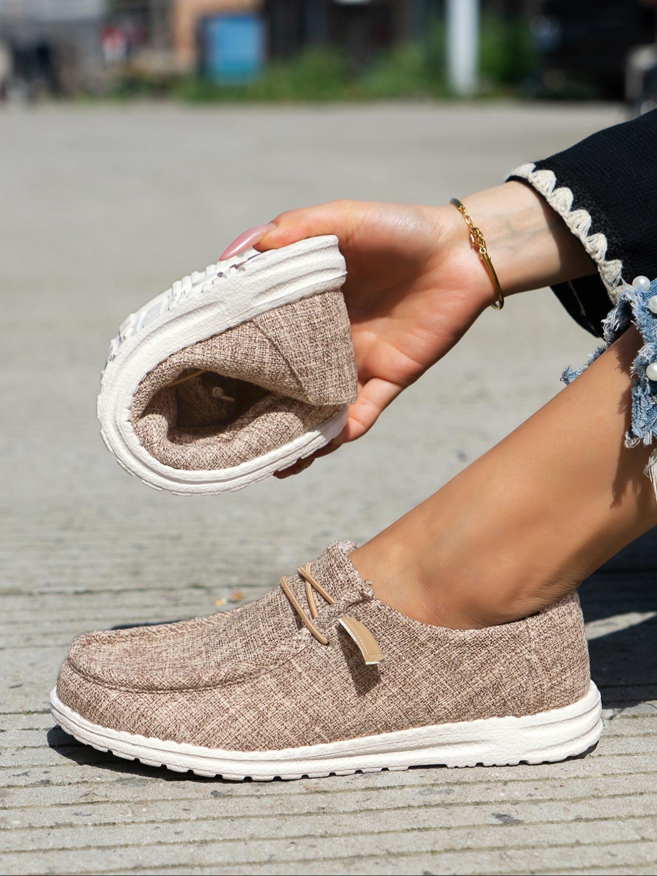 Women's Fashionable Plain Color Round Toe Slip on Sneakers, Lightweight Breathable Comfortable Lace-up Flats Shoes, Casual Comfortable Sports Walking Shoes, Casual Trendy Flat