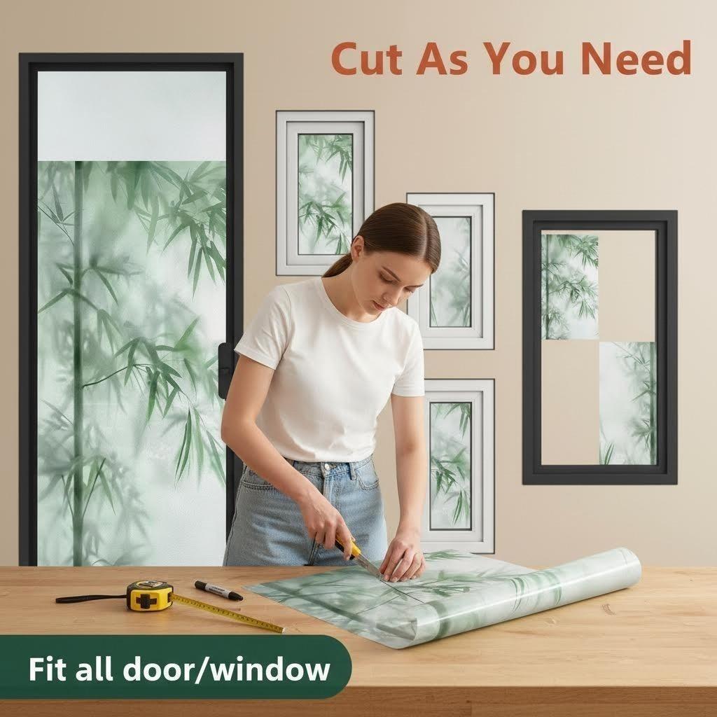 Bamboo Shadow Privacy Window Film, Adhesive-Free Static Window Film, Removable Kitchen Window Sticker, UV Protection Cuttable Window Decal