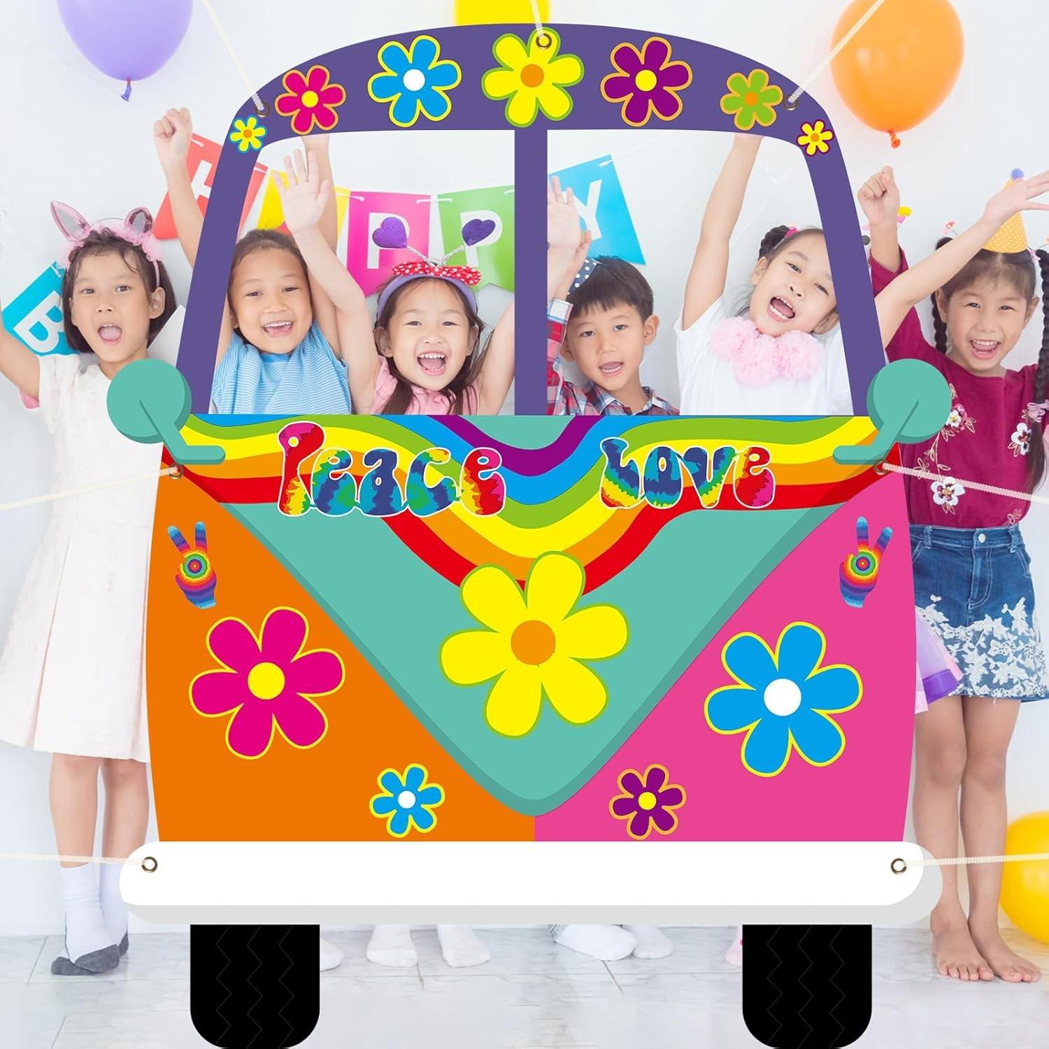 Large Hippie Bus Shaped Photo Prop 60s Party Decor 60's Retro Groovy Van Prop Fabric Hippie Selfie Frame Backdrop Background Banner Birthday Party Supplies Retro 60s 70s Party Favors 59 x 48.6Inch