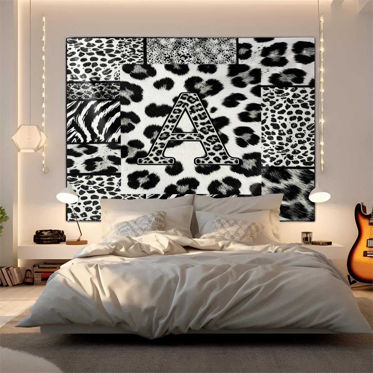 Personalized Initial Wall Tapestry, Retro Leopard Print Patchwork, Easy Care Good Shading, Suitable for Living Room Rental Wall Decor