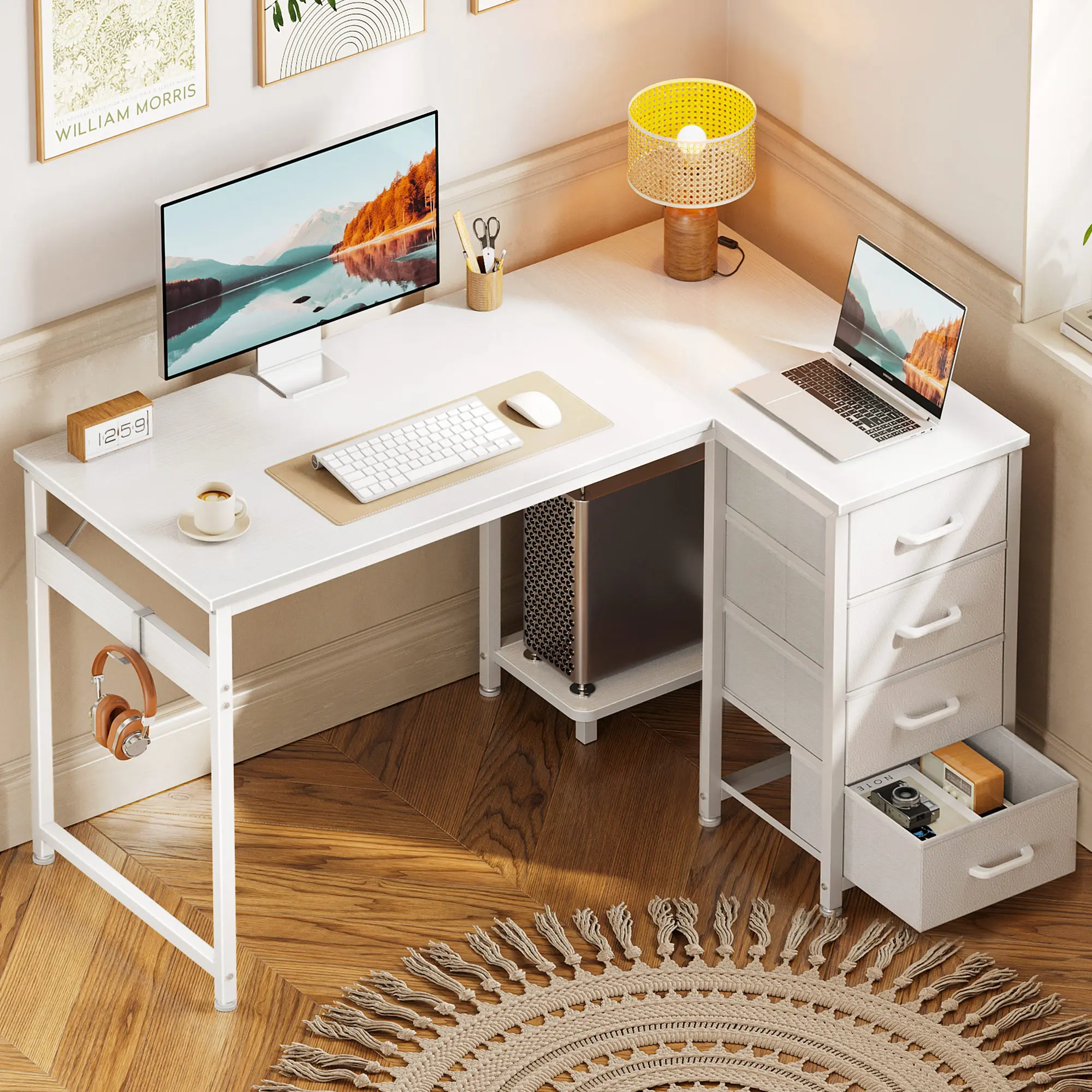Modern L-Shaped Desk with 3 Drawers and Storage Shelf for Home Office or Study Room
