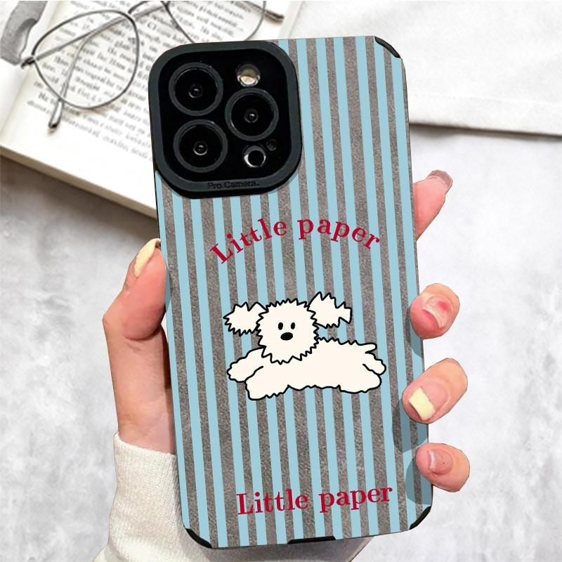 Cute Fluffy Dog Phone Case, Multiple Specifications Available, Light Blue & White Striped Design, Shock - Proof & Scratch - Resistant, For Mobile Phones, Fashionable & Protective, Ideal for Daily Use