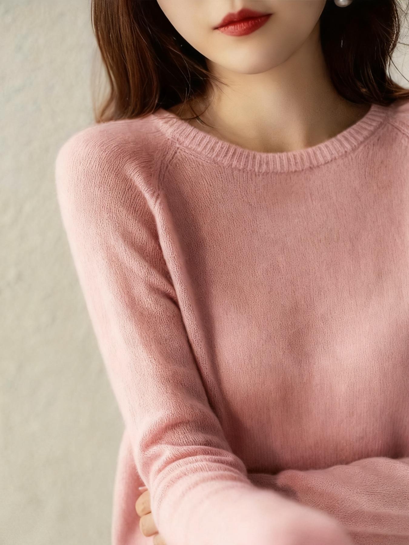 Women's Knitted Long Sleeve Fitted Sweater Pullover, Round Neck Design, Basic Pure Color Casual Top, Fall & Winter Essential, Versatile Daily Wear