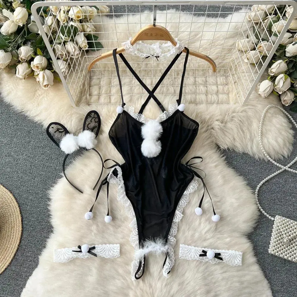 Sexy Cute Sweet Lace Backless Jumpsuit Women Slim Fit Bodysuit Girl Strap Bow knot Cosplay Hot Sweet Bow Ribbon Lingerie Dress
