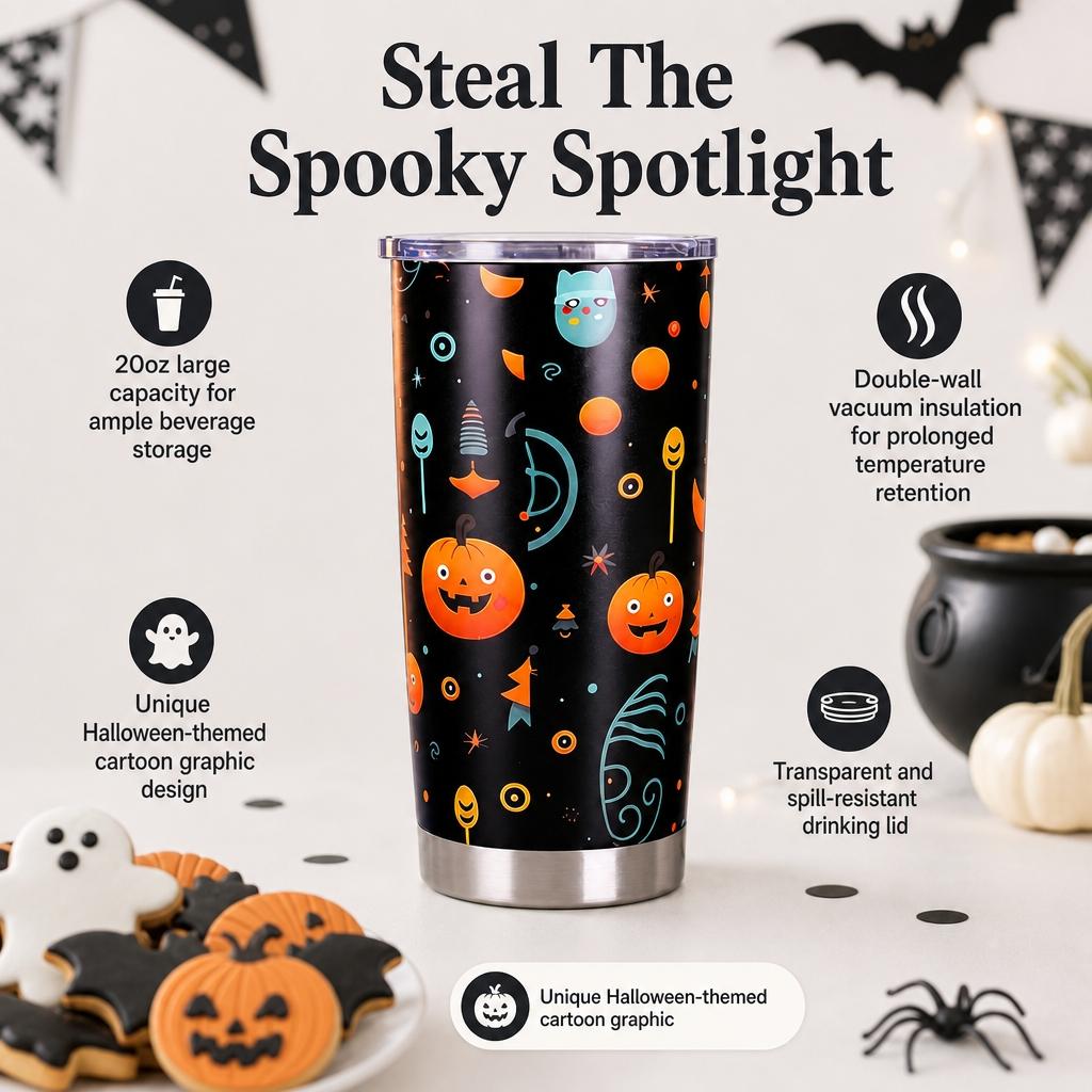 Halloween Pumpkin Ghost Thermos, Reusable Travel Coffee Cup, Stainless Steel Car Cup, Cute and Quirky Holiday Drink Cup, with a Transparent Leak-proof Lid, Perfect for Parties and Everyday Use, Ideal Halloween and Birthday Gift