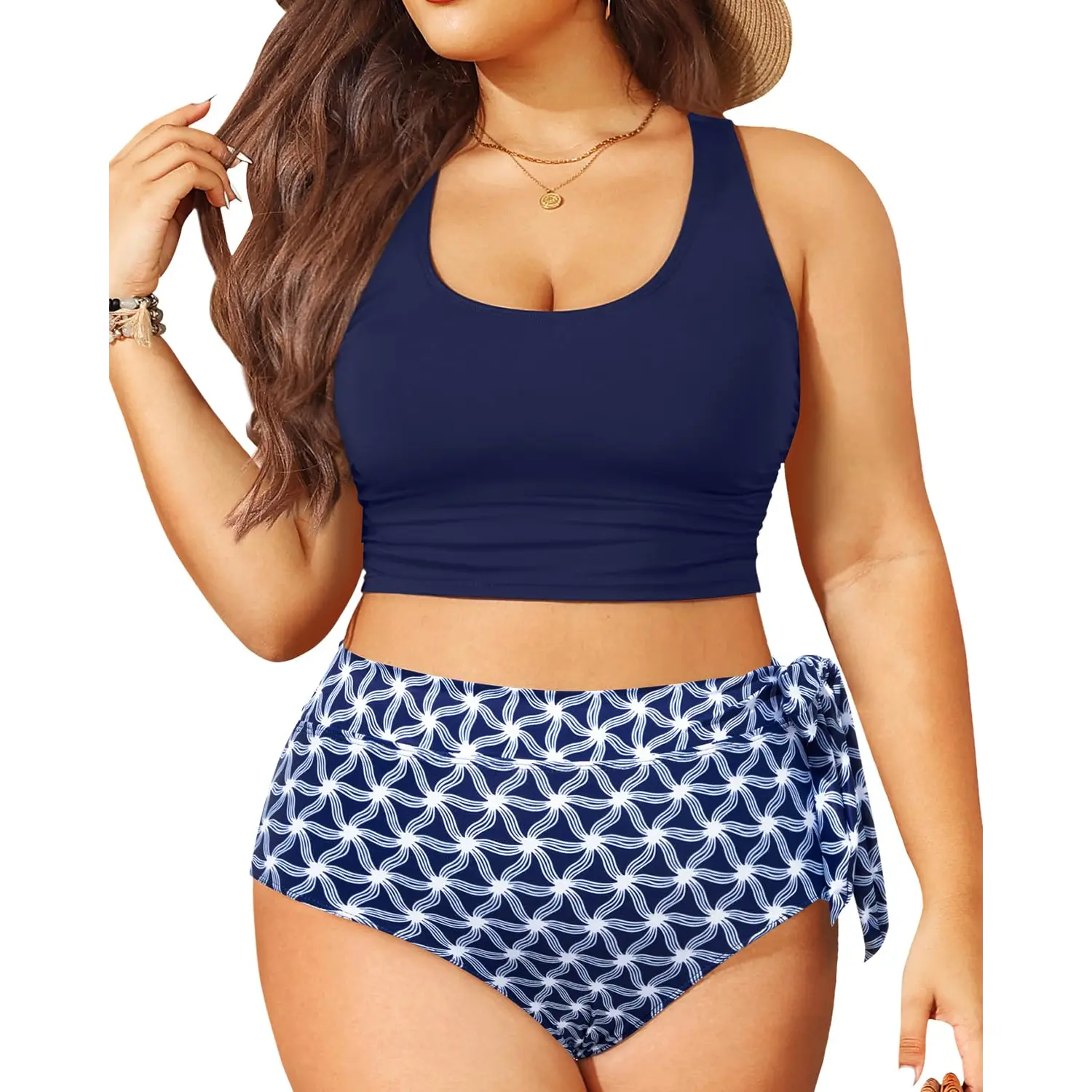 Tempt Me Plus Size Two Piece Swimsuits - Women High Waisted Bikini Scoop Neck Bathing Suit Swimwear