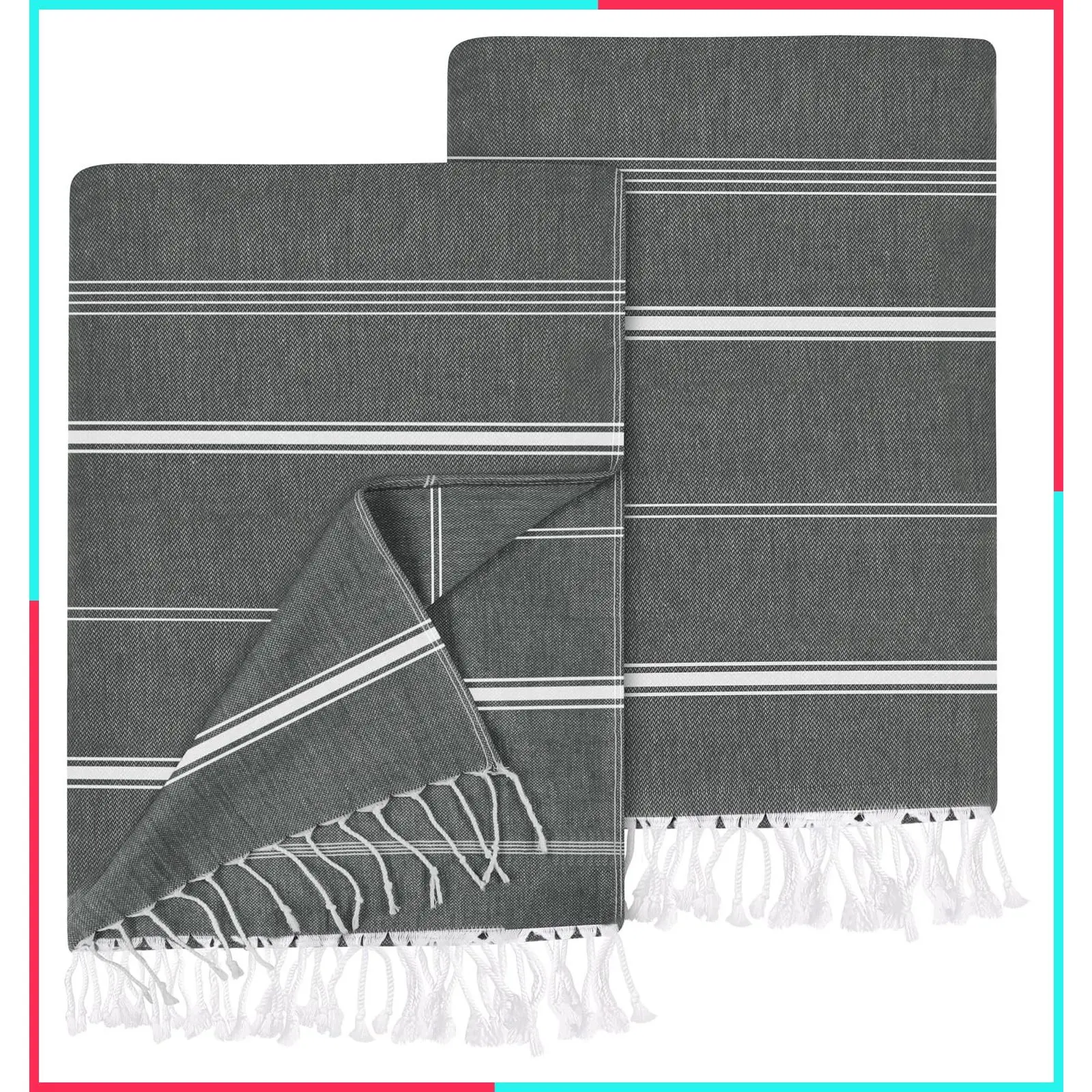 Pack of 2 Oversized Turkish Beach Towels, 40 x 72 Inches, 100% Cotton, Sand Free Lightweight Absorbent Quick-Dry Beach Blanket, Extra Large Bath Towels for Travel and Pool, Grey